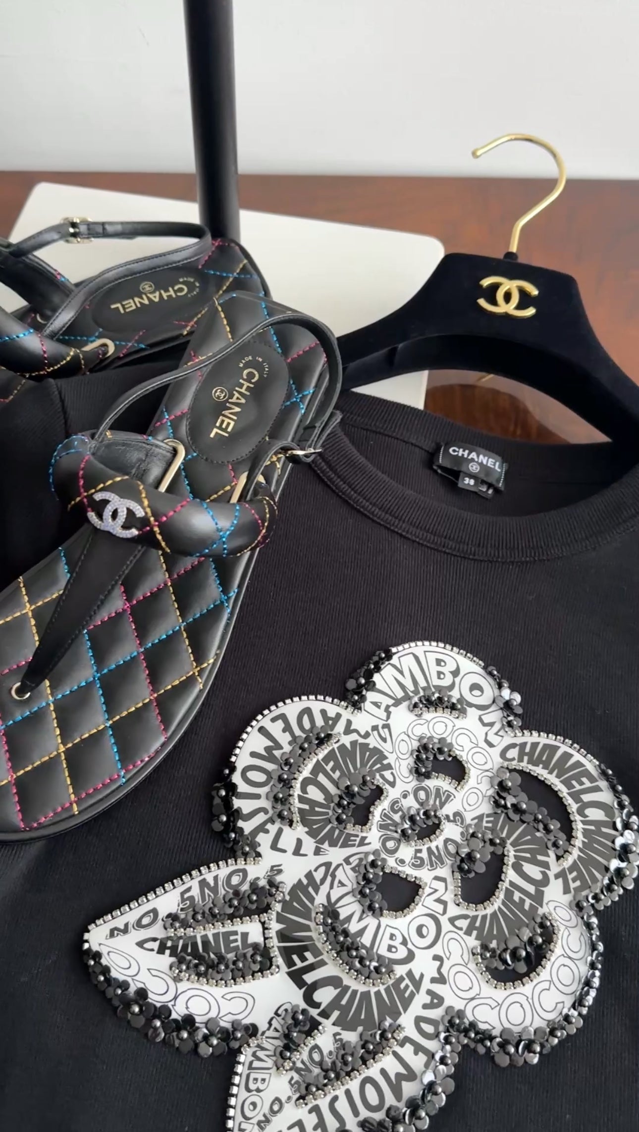 Chanel Black Cotton Camelia Logo Crystal Embellished T-Shirt for Women - Size 38 (S/M) - Luxury Casual Wear for Parties, Dates & Everyday Fashion