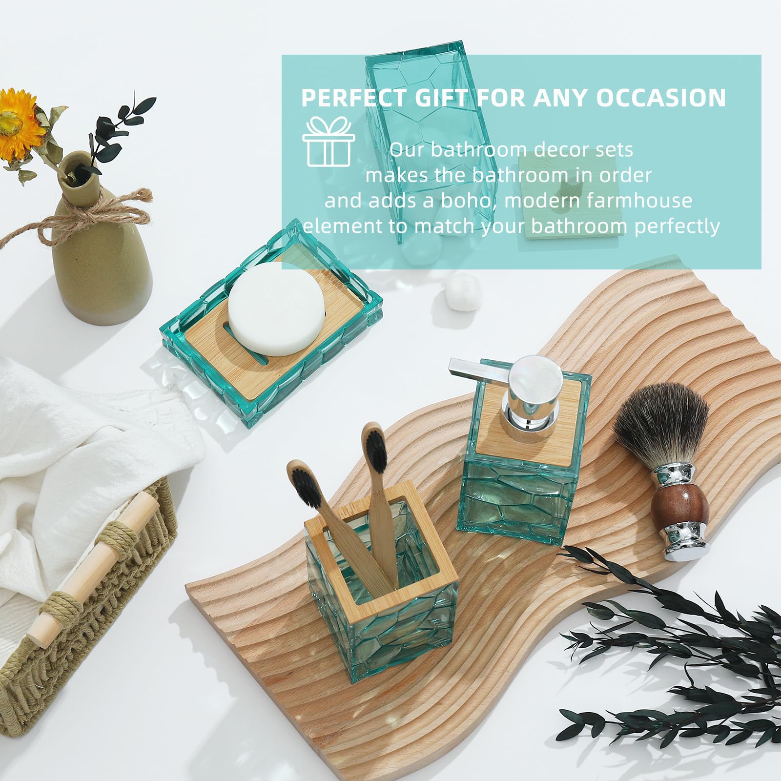 Teal Blue Beach Bathroom Accessories Set - Acrylic Toothbrush Holder, Soap Dispenser, Cotton Swab Organizer, Soap Dish & Toilet Brush with Holder | Boho Coastal Decor for Bathroom, Guest Room & Vacation Homes