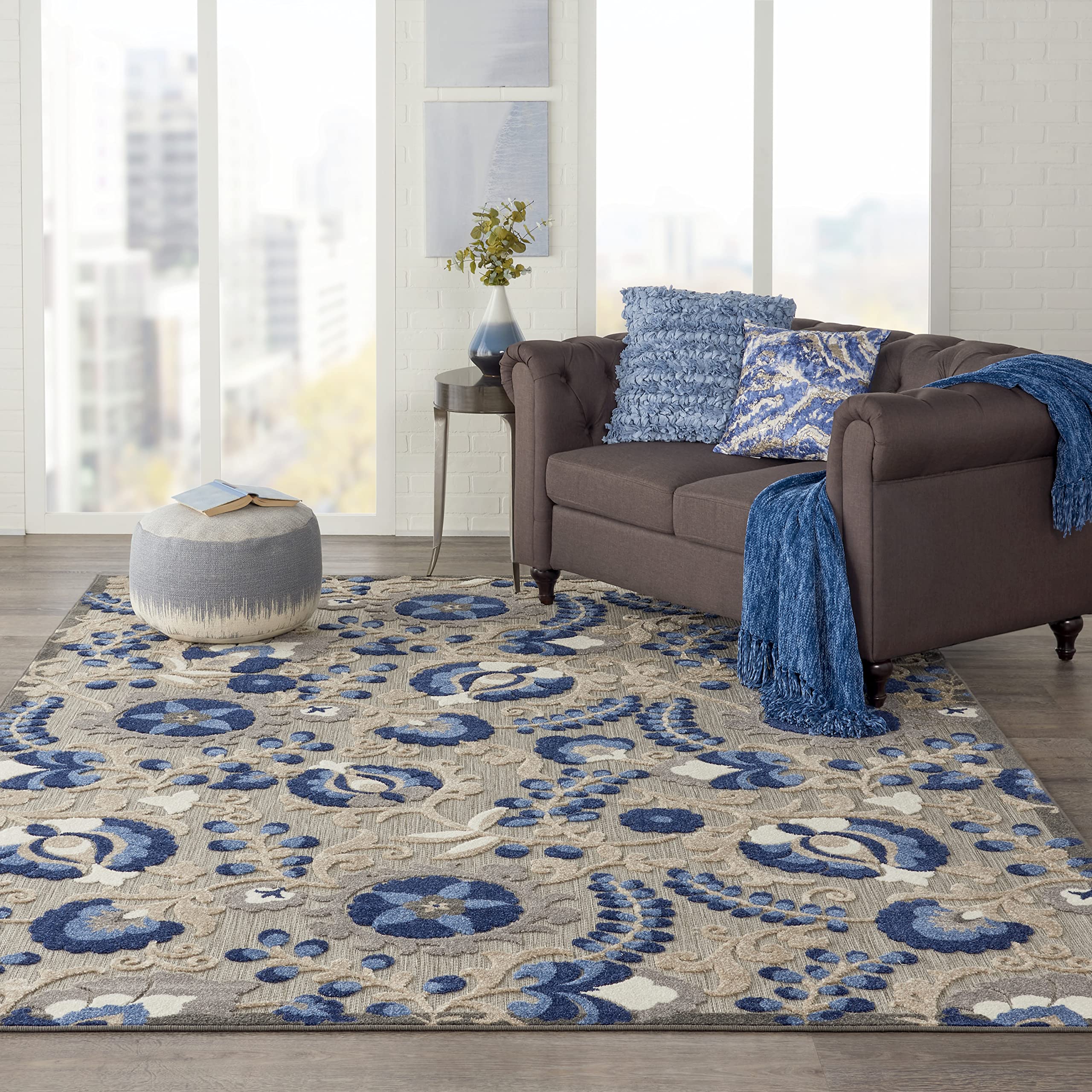 Nourison Aloha 7' x 10' Indoor Outdoor Area Rug - Natural Blue, Non-Shedding & Easy to Clean - Perfect for Bedroom, Living Room, Dining Room, Backyard, Deck & Patio