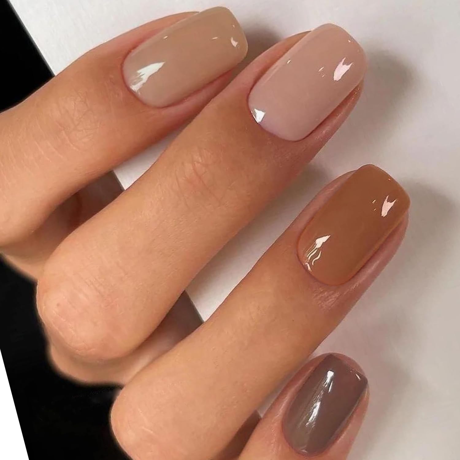 GLAMERMAID Brown Press on Nails - Medium Square Fall Jump Color | Handmade Soft Gel Fake Nails Short | Glossy Glue on Nails Kit for Women | Reusable Acrylic Stick on Nails | Perfect for Autumn Parties, Weddings & Daily Wear