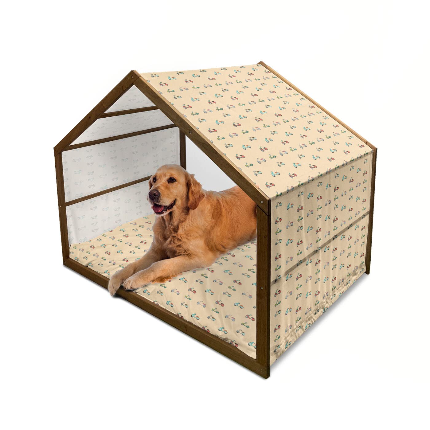 Ambesonne Urban Wooden Dog House - Cartoon Style Colorful Scooters Retro Transportation Vehicles Design - Indoor & Outdoor Portable Pet Kennel with Pillow & Cover - 2X-Large Multicolor for Small to Medium Dogs - Perfect for Home, Garden, and Travel Use