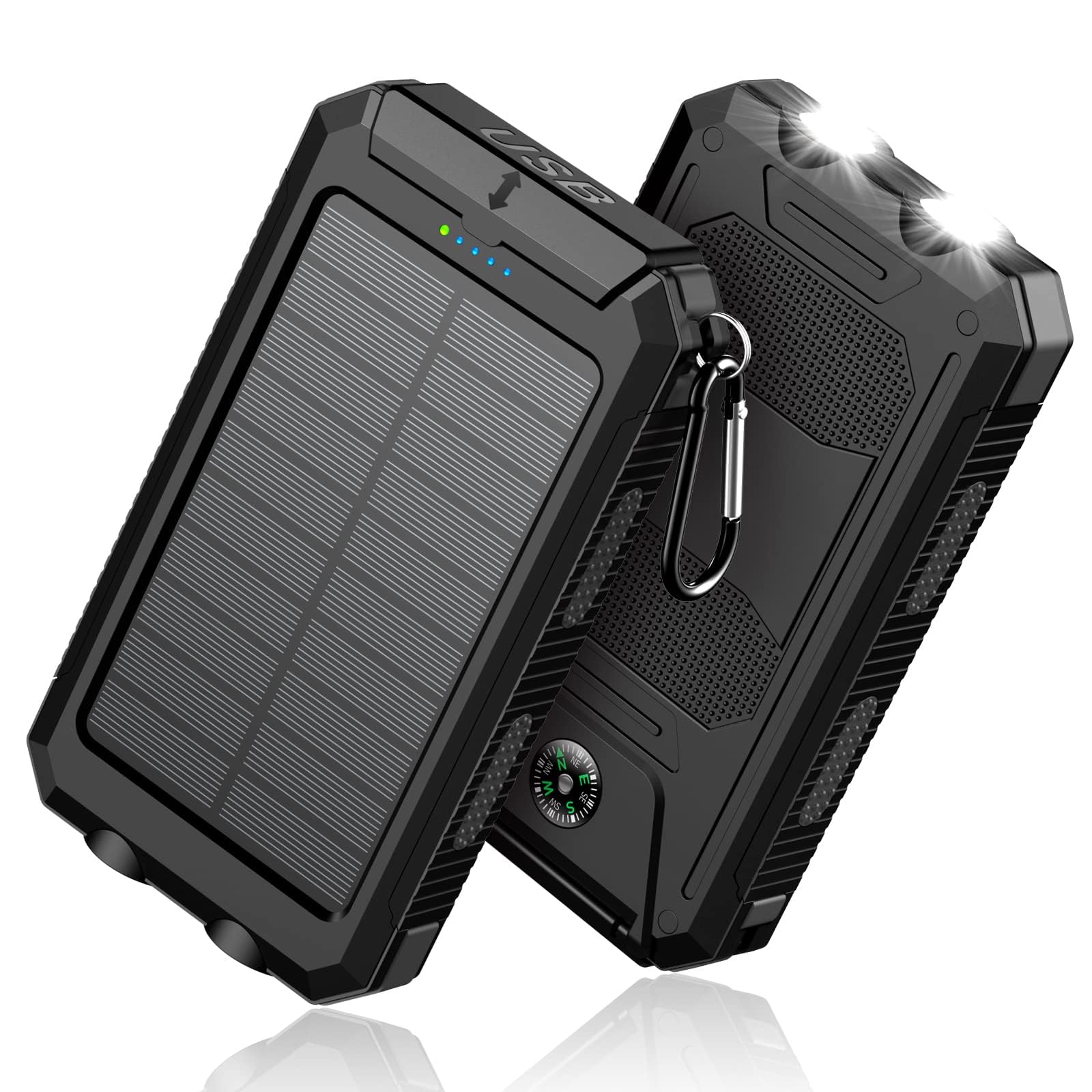 Feeke 36800mAh Solar Power Bank with QC3.0 Fast Charging, Dual USB Ports, Built-in LED Flashlight & Compass - Portable Charger for iPhone, Android Phones, Tablets & Electronic Devices - Perfect for Camping, Hiking & Outdoor Adventures (Black)