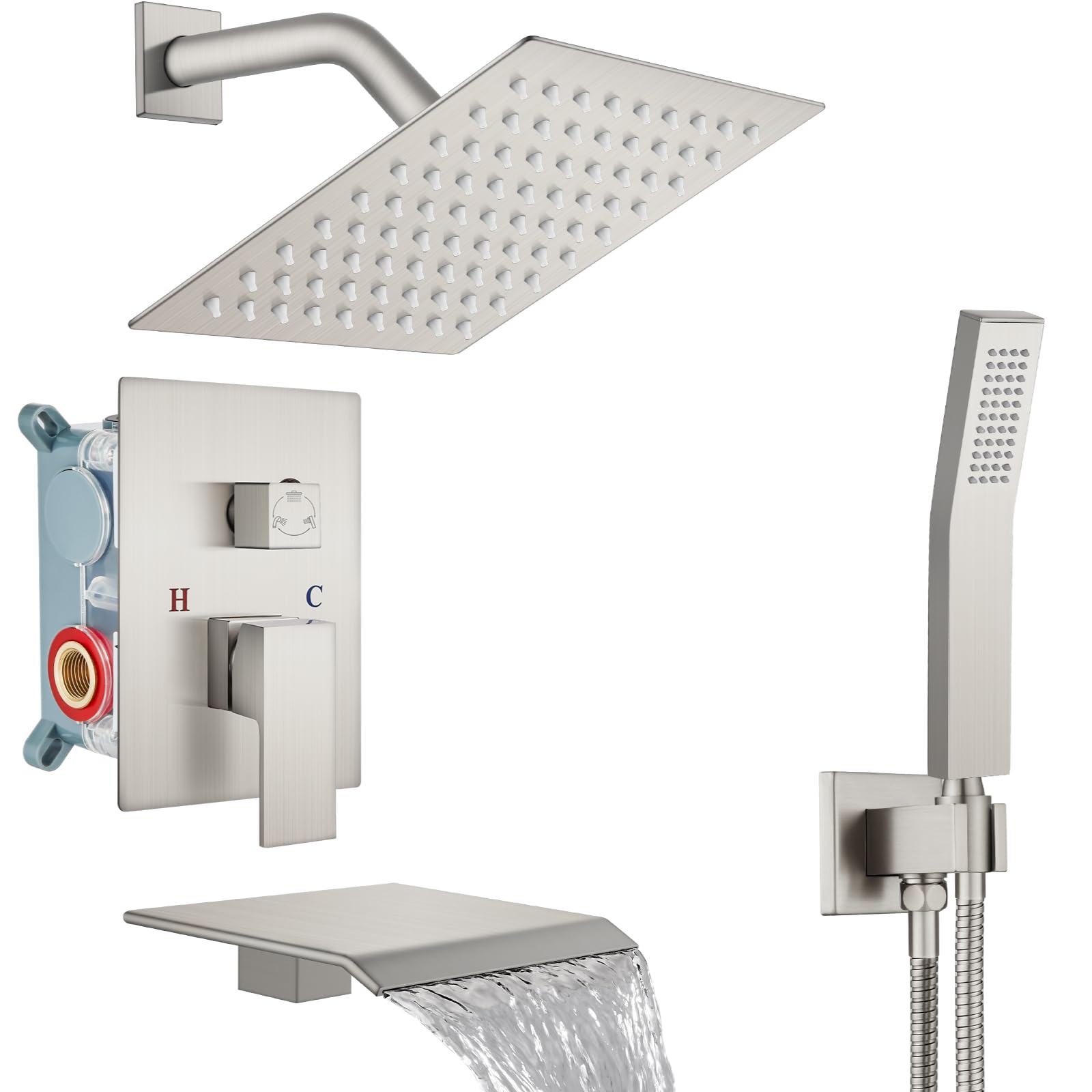 Midanya 8 Inch Brushed Nickel Rain Shower System - Square Rainfall Shower Head with Handheld Sprayer, Waterfall Tub Spout & Mixer Valve Combo for Bathroom Remodeling | Perfect for Spa-Like Showers and Relaxing Baths