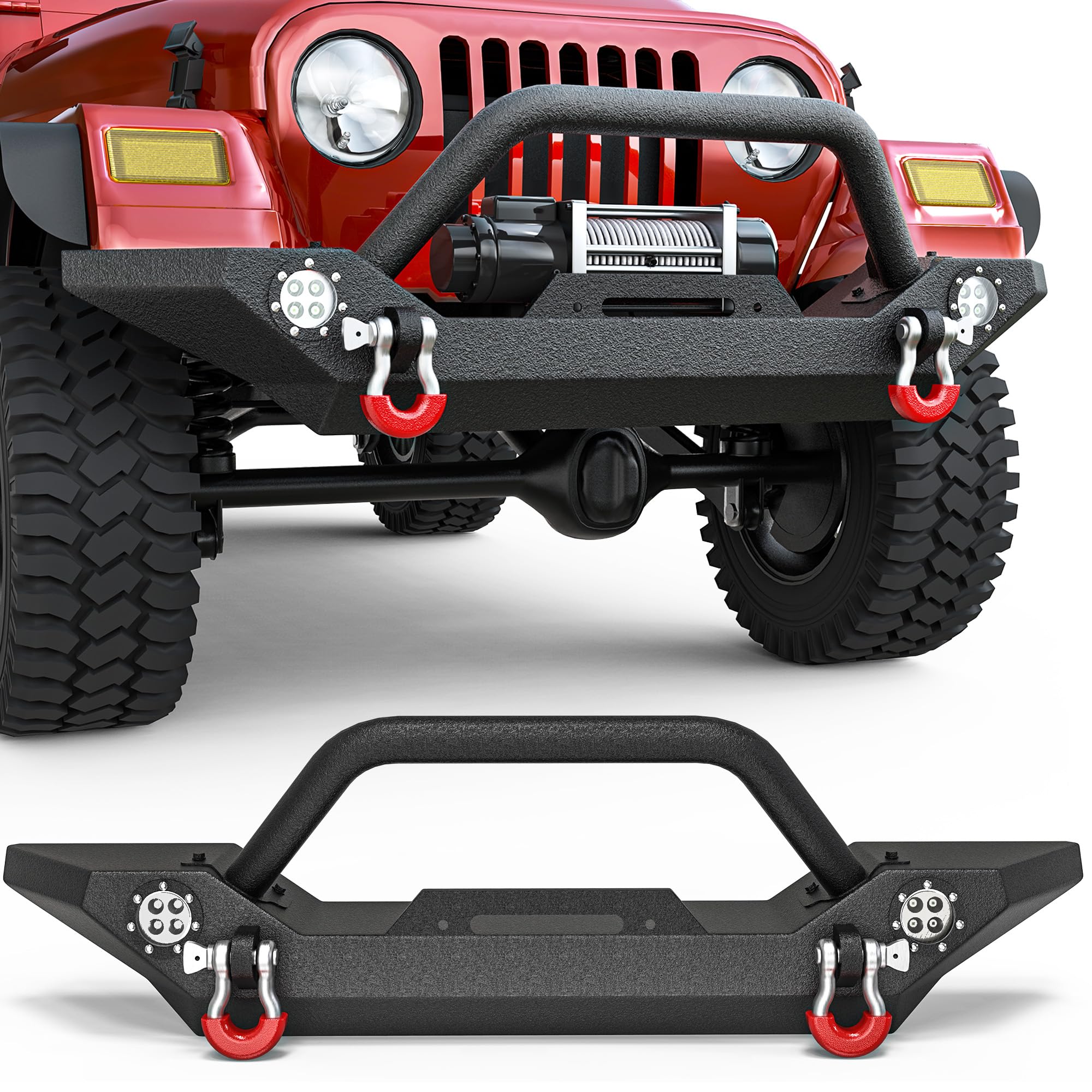 LEDKINGDOMUS Heavy Duty Rock Crawler Front Bumper with Winch Plate & LED Lights for 87-06 Jeep Wrangler YJ TJ - Textured Black | Off-Road Adventure & Trail Riding Accessory