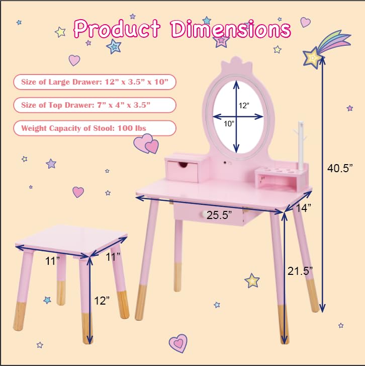 Wooden Princess Vanity Set with Table & Stool - Kids Makeup Dressing Desk with LED Lights, Mirror, Large Drawer & Jewelry Storage - 2-in-1 Pretend Play Set for Little Girls - Perfect for Bedroom Decor, Birthday Gifts & Role Play Activities