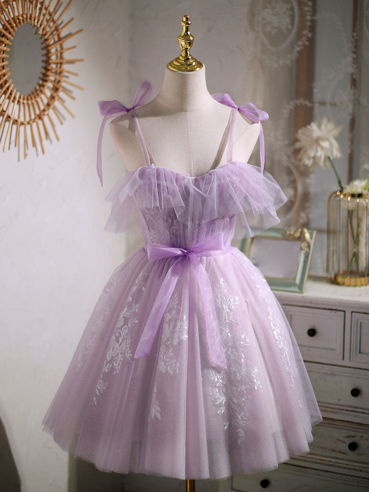 Elegant Purple Aline Lace Short Prom Dress with Puffy Sleeves - Perfect for Homecoming, Formal Dances & Special Occasions