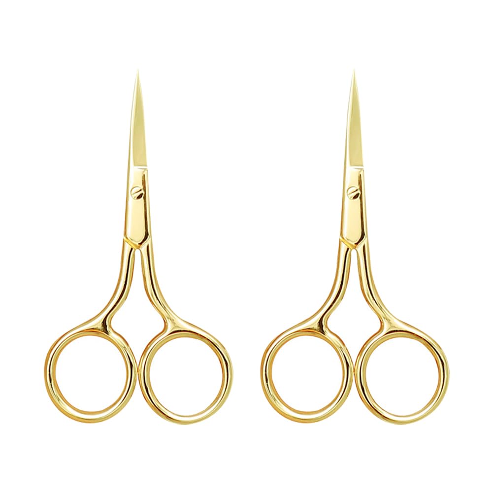3 Pack Stainless Steel Eyebrow & Nose Hair Trimming Scissors - Straight Tip Grooming & Beauty Scissors for Women (Golden) - Perfect for Eyebrow Shaping, Facial Hair Trimming & Personal Grooming