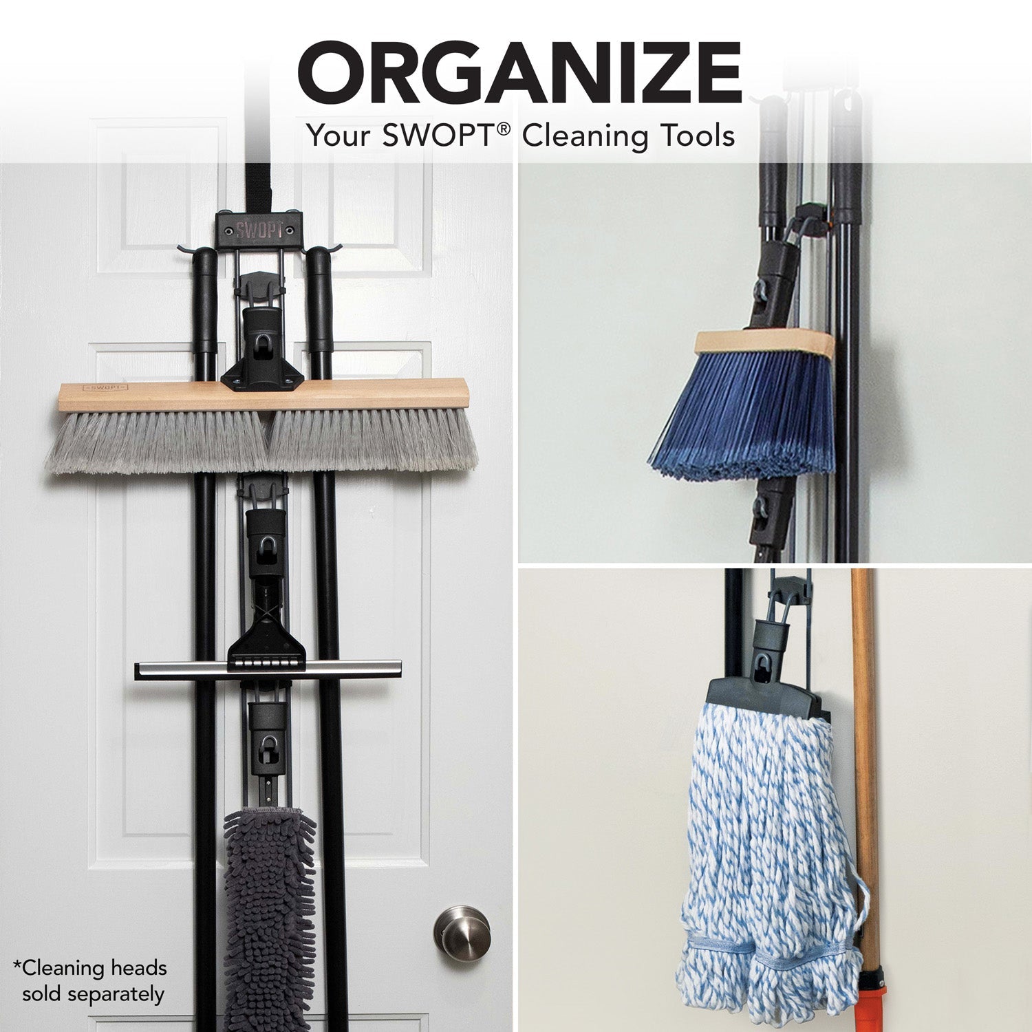 2-Pack System Organizer Cleaning Head Hangers - Space-Saving Closet & Bathroom Storage Solution for Brooms, Mops & Cleaning Tools