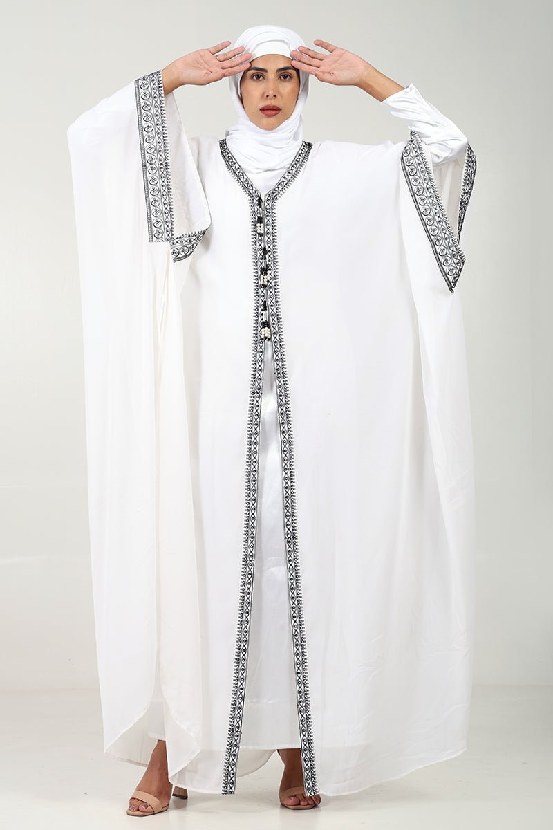 Elegant White Georgette Kaftan Abaya Dress with Cord Embroidery & Tassel Detailing - Perfect for Eid, Ramadan, Wedding & Special Occasions