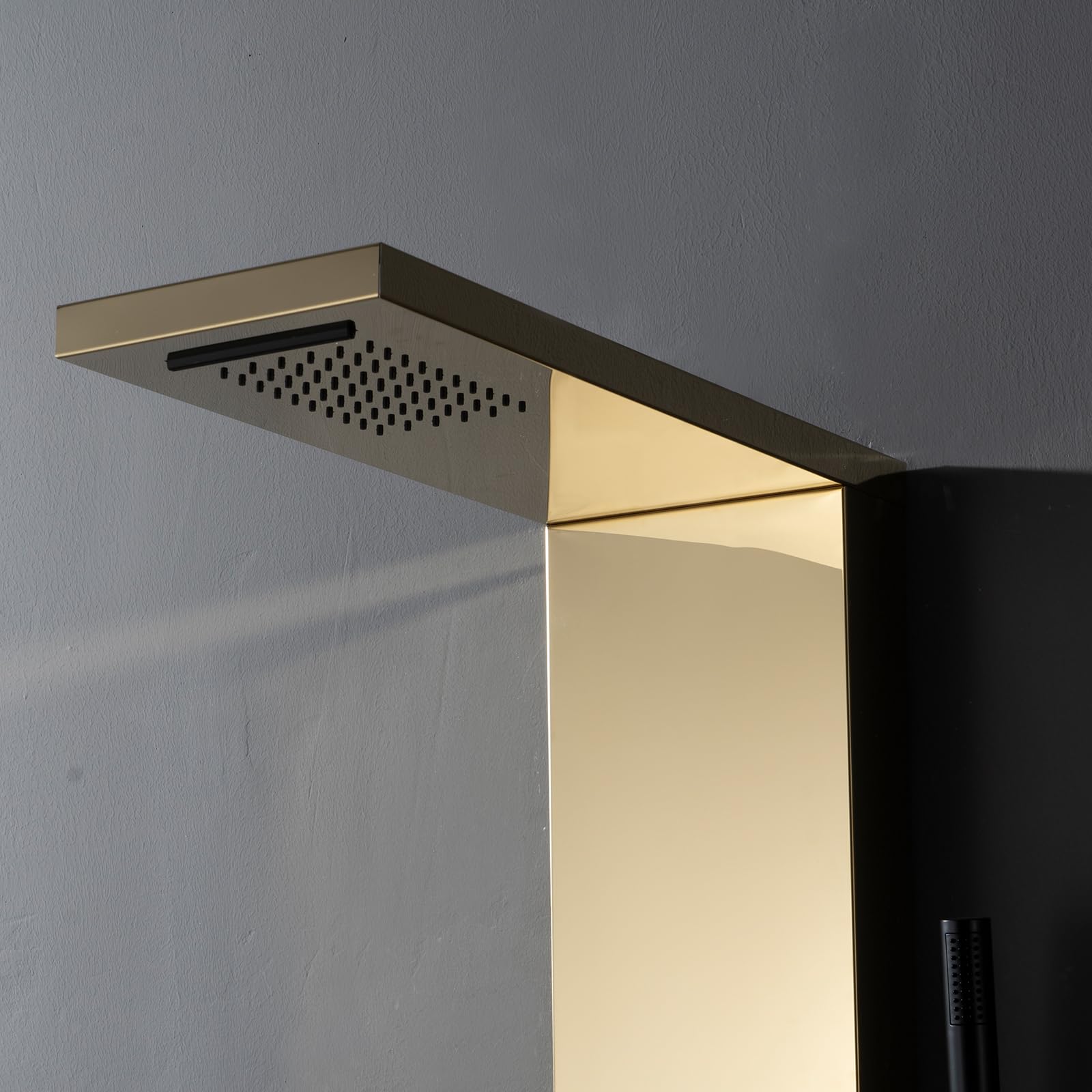 Premium Stainless Steel Rainfall Shower Panel Tower with 5 Adjustable Body Jets - Wall Mounted Waterfall Shower System in Polished Gold & Black - Perfect for Luxury Bathroom Spa Experience and Modern Home Renovation