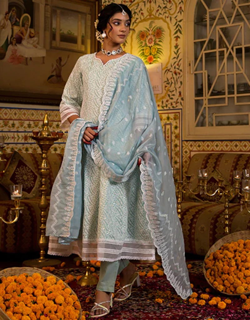 Anarkali Kurta Trouser With Dupatta Set - Pure Cotton Pista Green Indian Ethnic Wear for Women - Perfect for Festivals, Weddings & Cultural Events