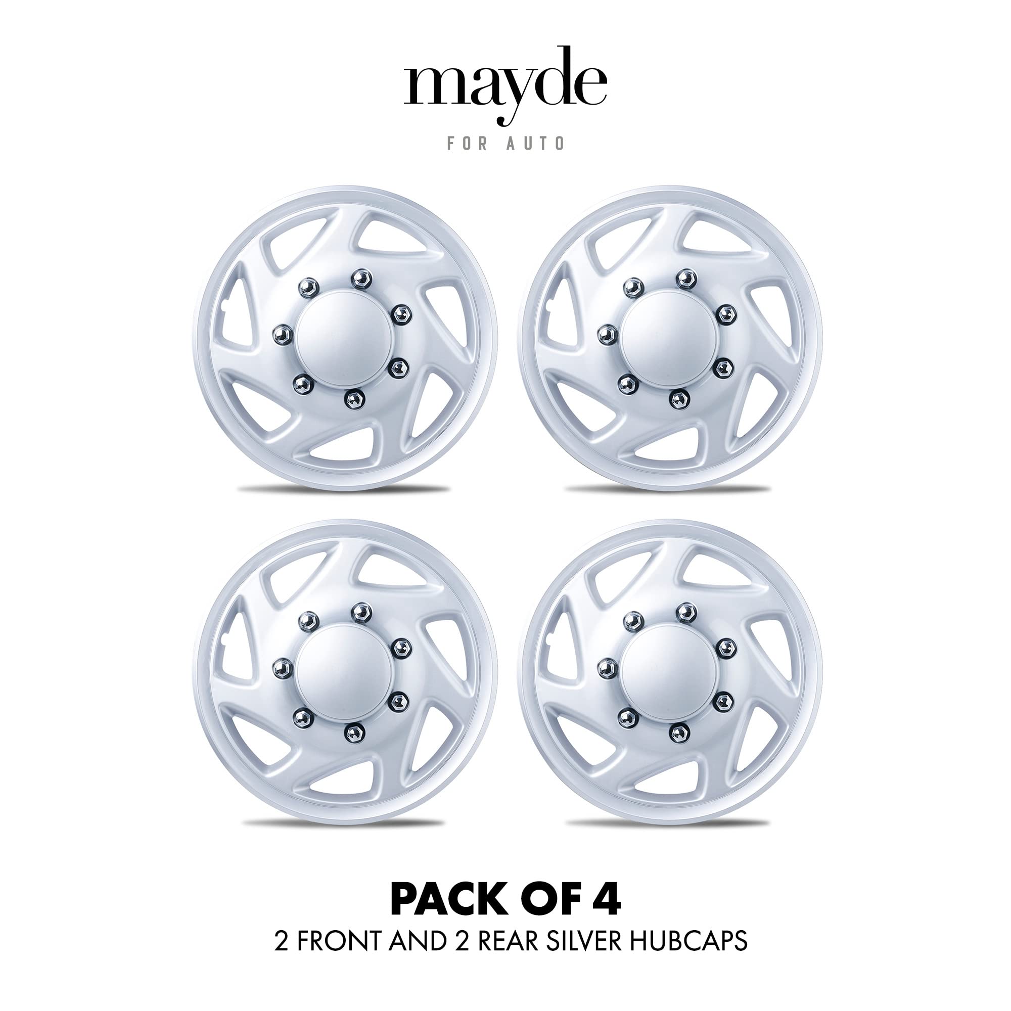 Mayde 16-Inch Silver Hub Caps with Chrome Lug Covers - Set of 4 Replacement Wheel Covers for 1995-2019 Ford Van | Durable & Stylish Upgrade for Commercial Vans & Work Trucks