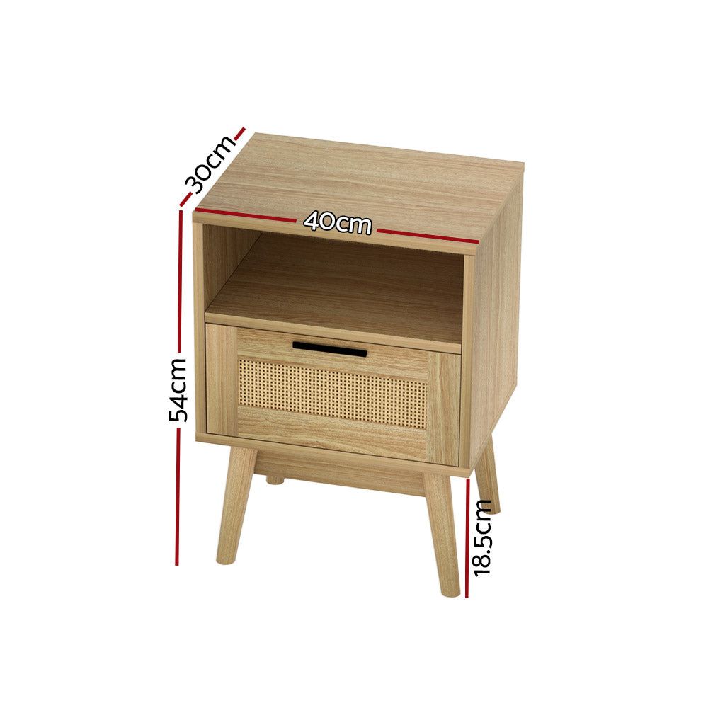 Artiss Rattan Bedside Table with 1 Drawer & Shelf - REI Oak Finish | Nightstand for Bedroom, Living Room, or Guest Room Decor