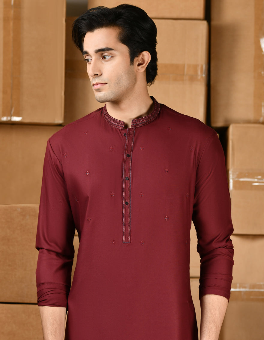 Stylish Blended Red Shalwar Kameez by J. Junaid Jamshed - Traditional Pakistani Outfit for Weddings & Festivals