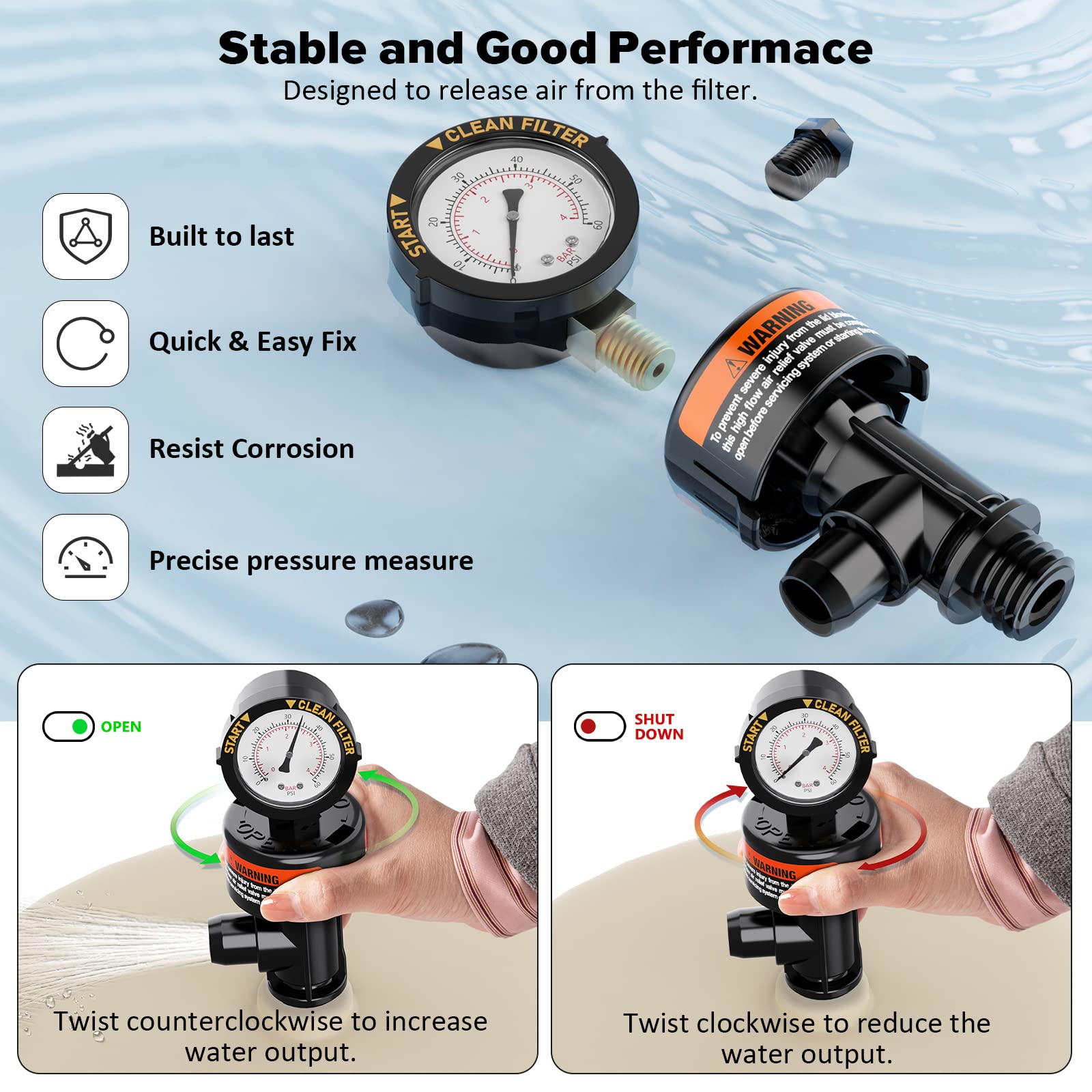 Pool Filter Air Relief Valve with Pressure Gauge - Manual Air Release Valve for Swimming Pool and Spa Filters - Replacement Kit Includes Gauge Plug, O-Rings & Clips - Perfect for Hayward, Pentair & Other Pool Filter Systems - Easy Maintenance & Water Pressure Regulation