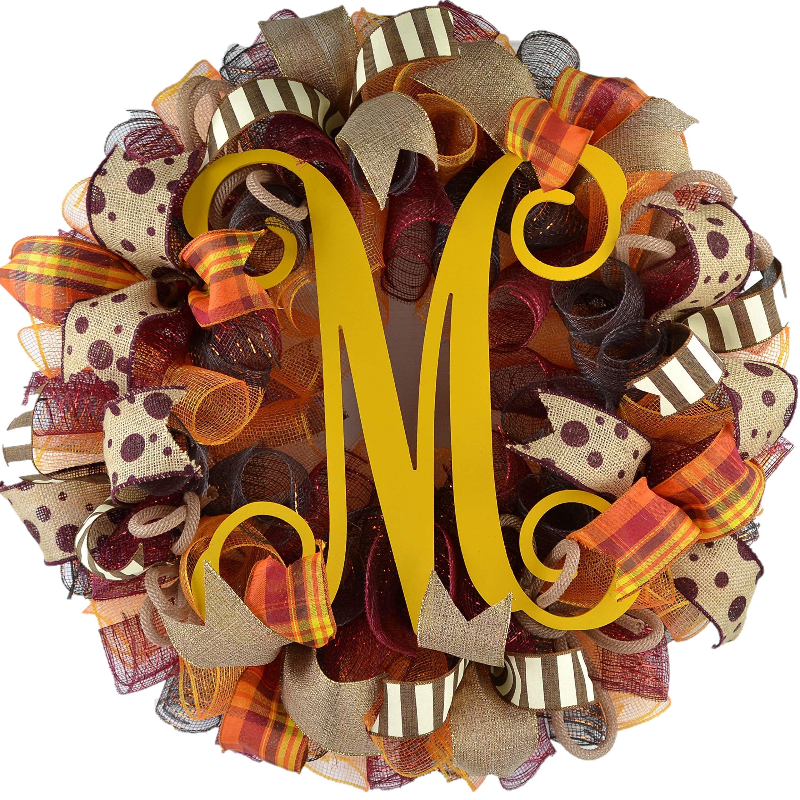 24 Inch Fall Wreath for Front Door - Burlap Thanksgiving Autumn Monogram Wreath in Brown, Maroon, Red, Orange & Yellow | Seasonal Home Decor | Perfect for Thanksgiving, Halloween & Autumn Door Decorations (Yellow Monogram F2)
