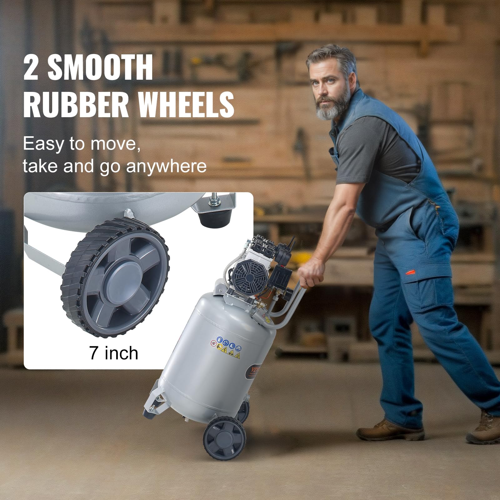 VEVOR 13 Gallon 2HP Oil-Free Air Compressor, 4.6 SCFM @90PSI, 66dB Ultra Quiet, 125PSI Max Pressure - Perfect for Tire Inflation, Auto Repair, Woodworking, Nailing, Spray Painting & DIY Projects
