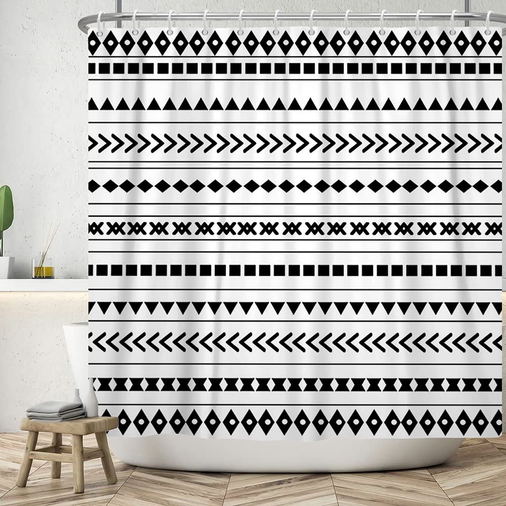 Boho Waterproof Shower Curtain - Black & White Geometric Pattern with Hooks, 72x96 Inch Bathroom Decor for Modern & Bohemian Style Homes | Perfect for Spa-Like Showers and Bathroom Makeovers