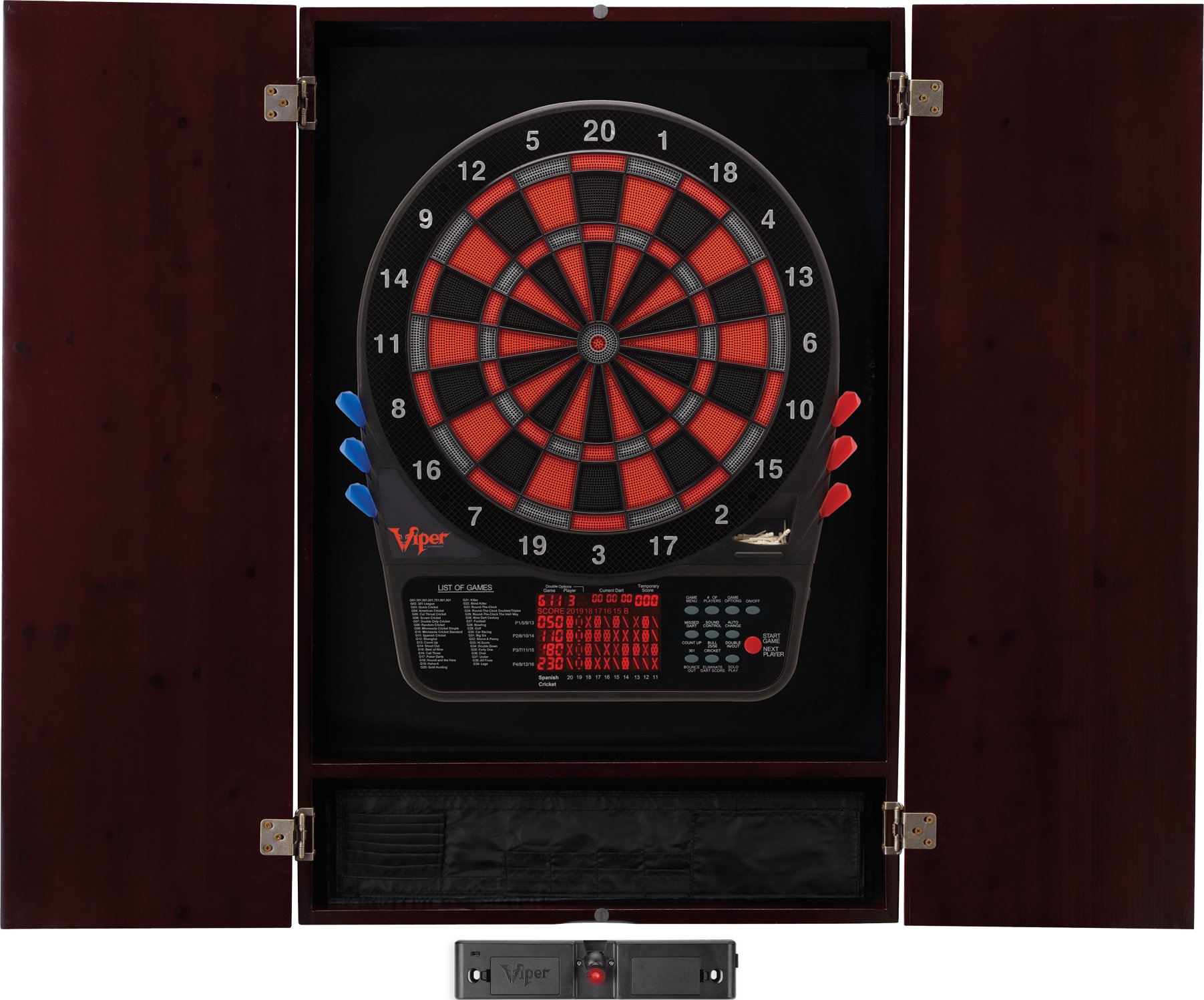 Premium Viper Metropolitan Solid Wood Dart Cabinet with Electronic Dartboard - Ready-to-Play Bundle Includes 2 Sets of Soft-Tip Darts & Integrated Storage - Multiple Stain Options for Home Game Rooms, Bars, and Entertainment Spaces