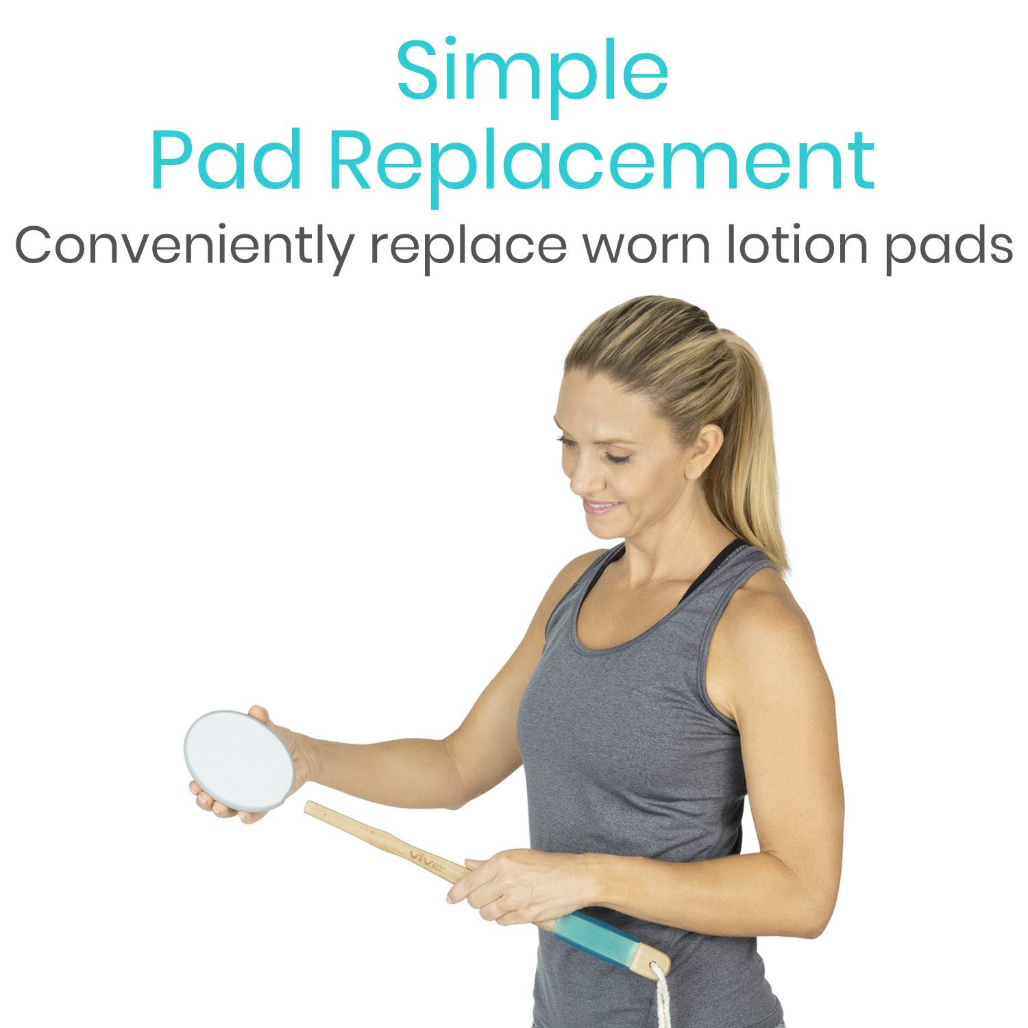 Vive Back Lotion Applicator Replacement Pads (6 Pack) - Long Handle Loofah Sponge for Shower & Bath - Self Application Body Scrubber for Skin Cream, Suntan, Aloe - Ideal for Men & Women - Perfect for Hard-to-Reach Areas & Spa-Like Home Experience