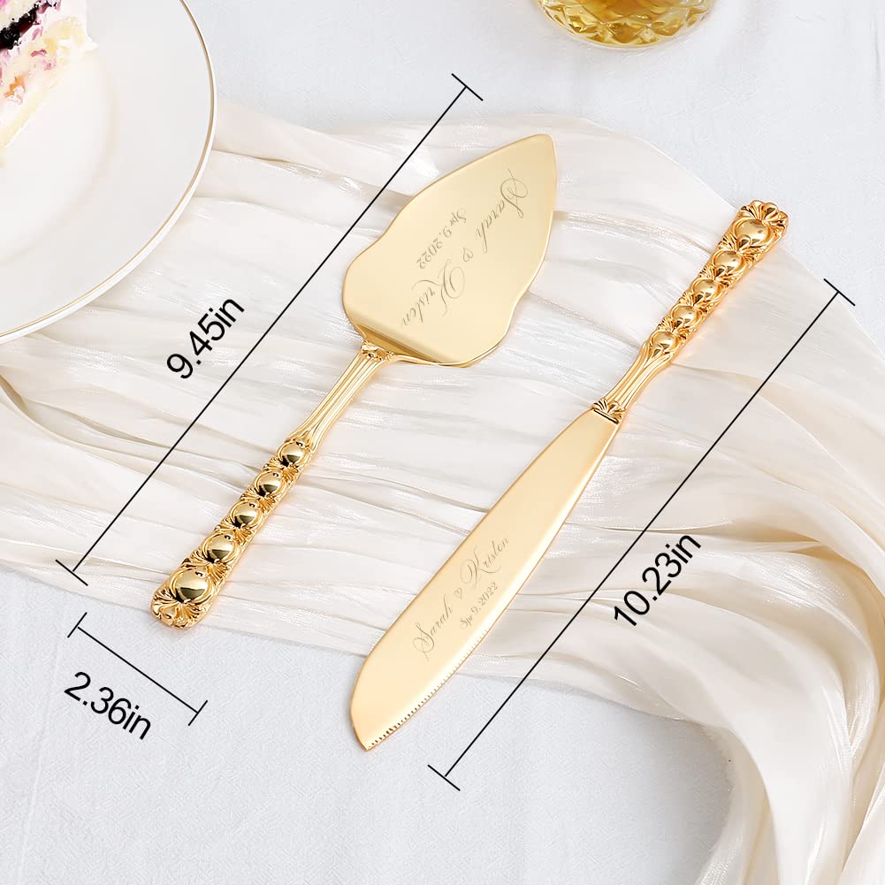 Personalized Gold Cake Knife and Server Set - Wedding Cake Cutting Set, Custom Engraved Pastry Pie Server & Pizza Cutter - Perfect Birthday Gift for Cake Lovers (with Bow) - Ideal for Weddings, Anniversaries, and Special Celebrations