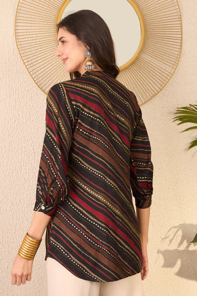Stylish Black Cotton Blend Leheriya Printed Tunic Top for Women | Comfortable & Fashionable Casual Wear | Perfect for Office, Party & Daily Outfits