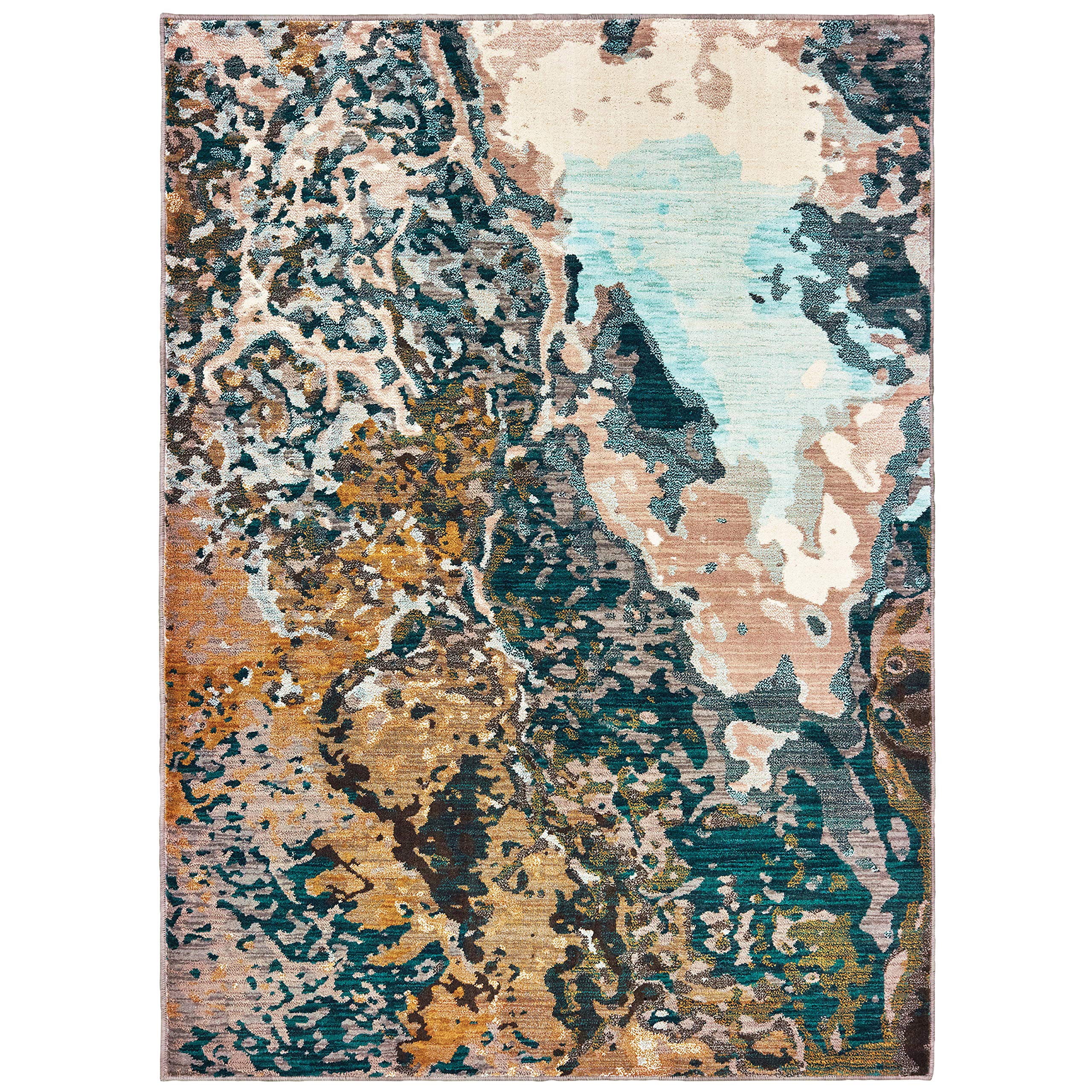 Solo Rugs Eloisa Contemporary Abstract Area Rug 2' x 8' Blue & Gold - Modern Home Decor for Living Room, Bedroom, or Office
