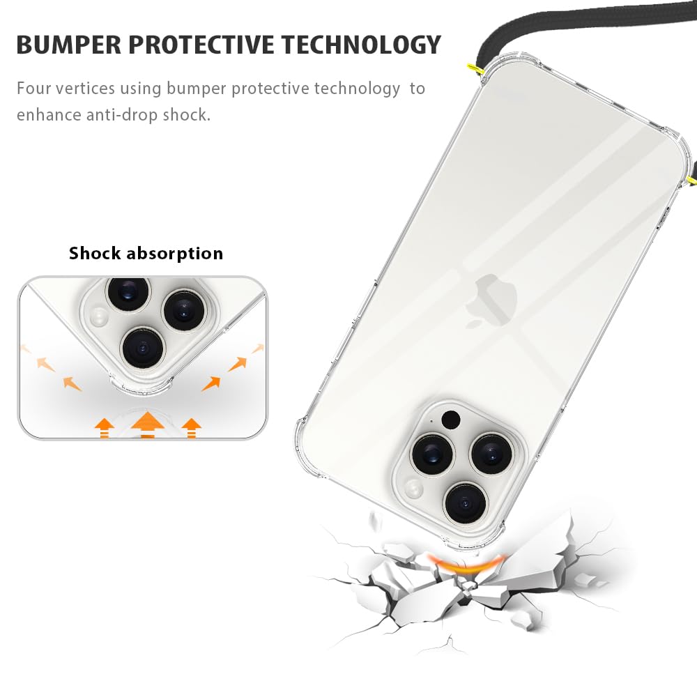 YESPURE Clear Shockproof iPhone 16 Pro Case with Adjustable Neck Strap - Soft TPU Bumper Protective Cover (Black) | Perfect for Hands-Free Use While Traveling, Shopping & Outdoor Activities