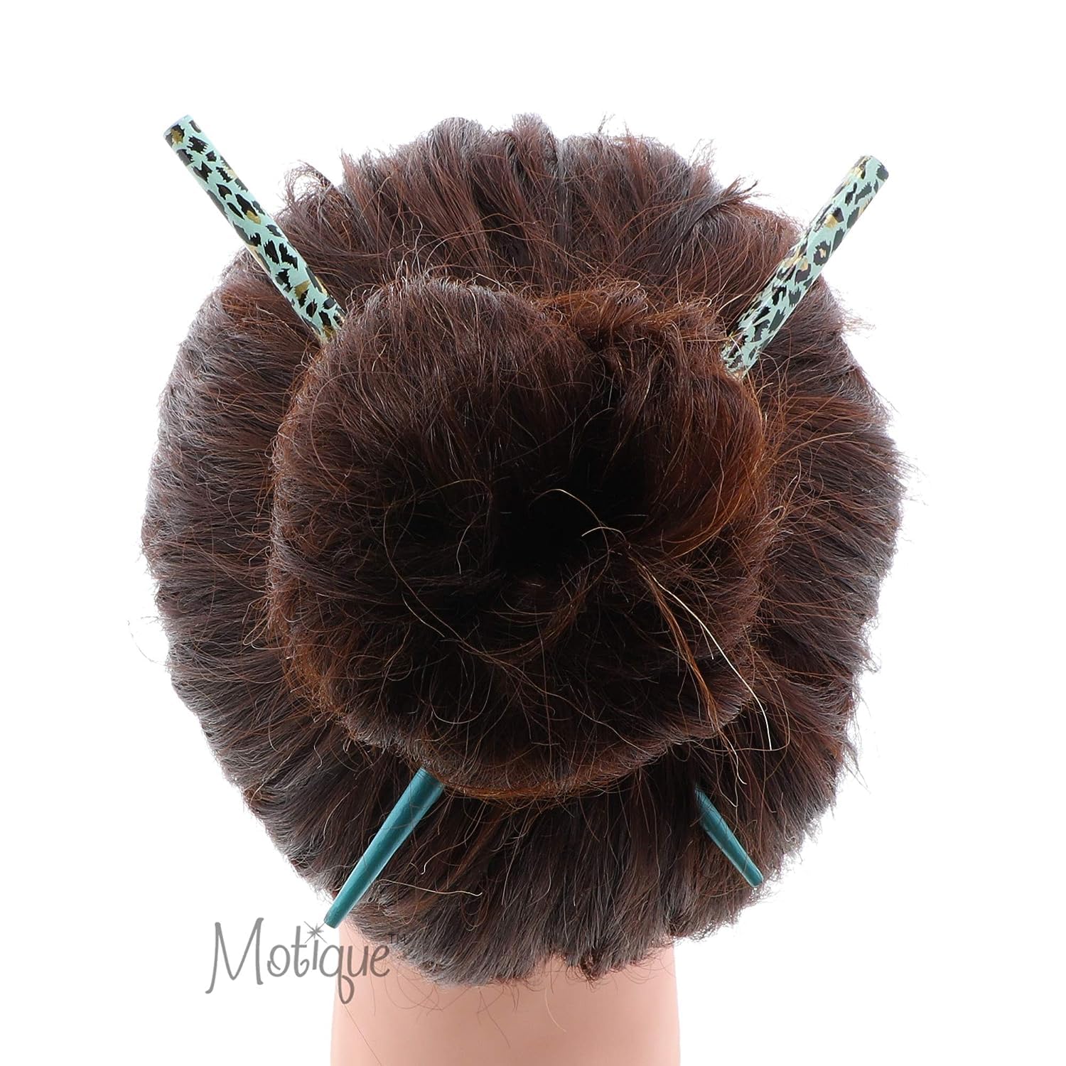 Two Wooden Animal Print Hair Sticks 7.25 Inches Long for Women - Teal Hair Accessories for Bun Updo and Ponytail Hairstyles