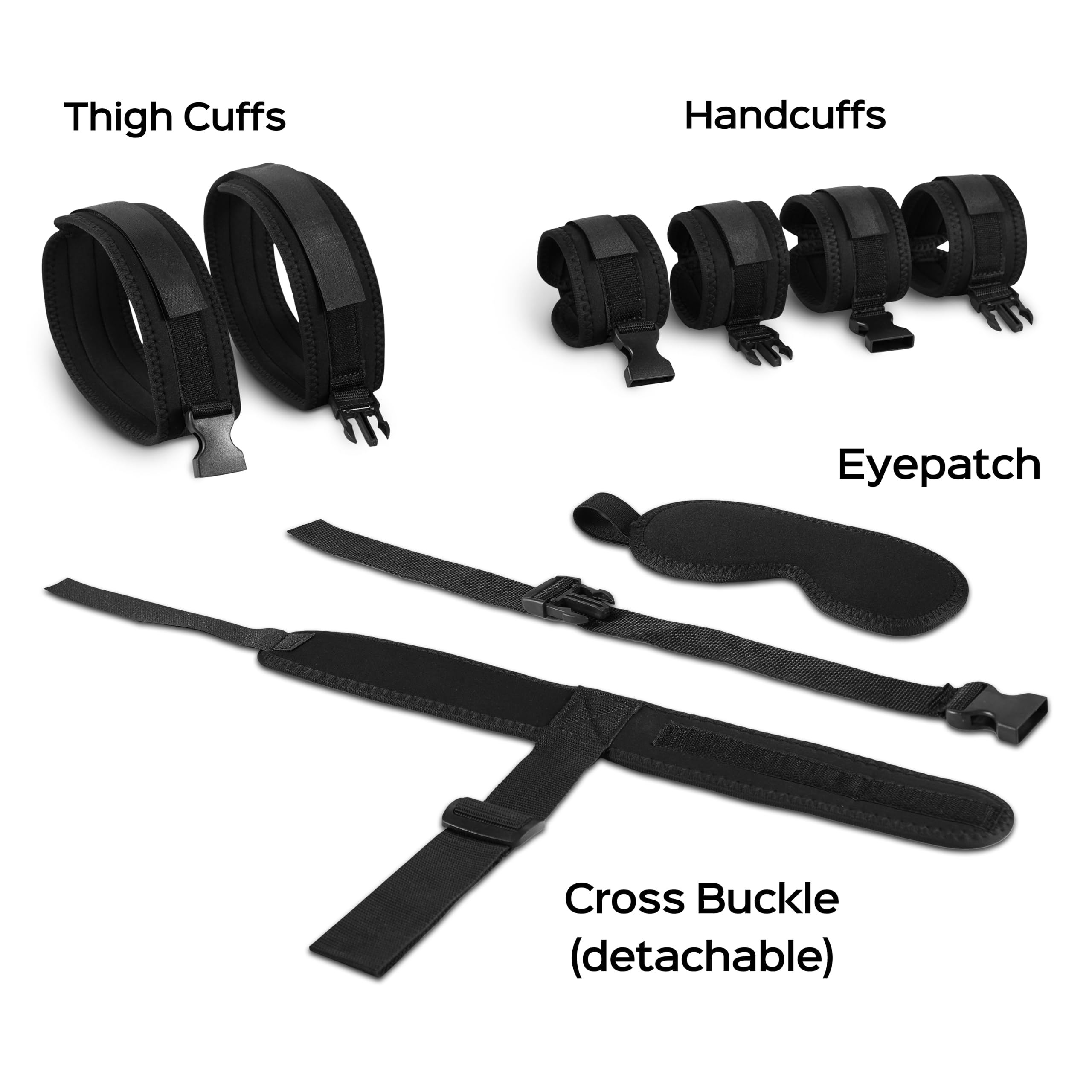 Premium Adjustable BDSM Bondage Restraints Set - Neck, Wrist & Thigh Cuffs with Universal Buckle Locks for Couples Play - Sensual Blindfold & Sex Straps Included - Perfect for Spicing Up Your Bedroom, Role Play & BDSM Exploration (Black)