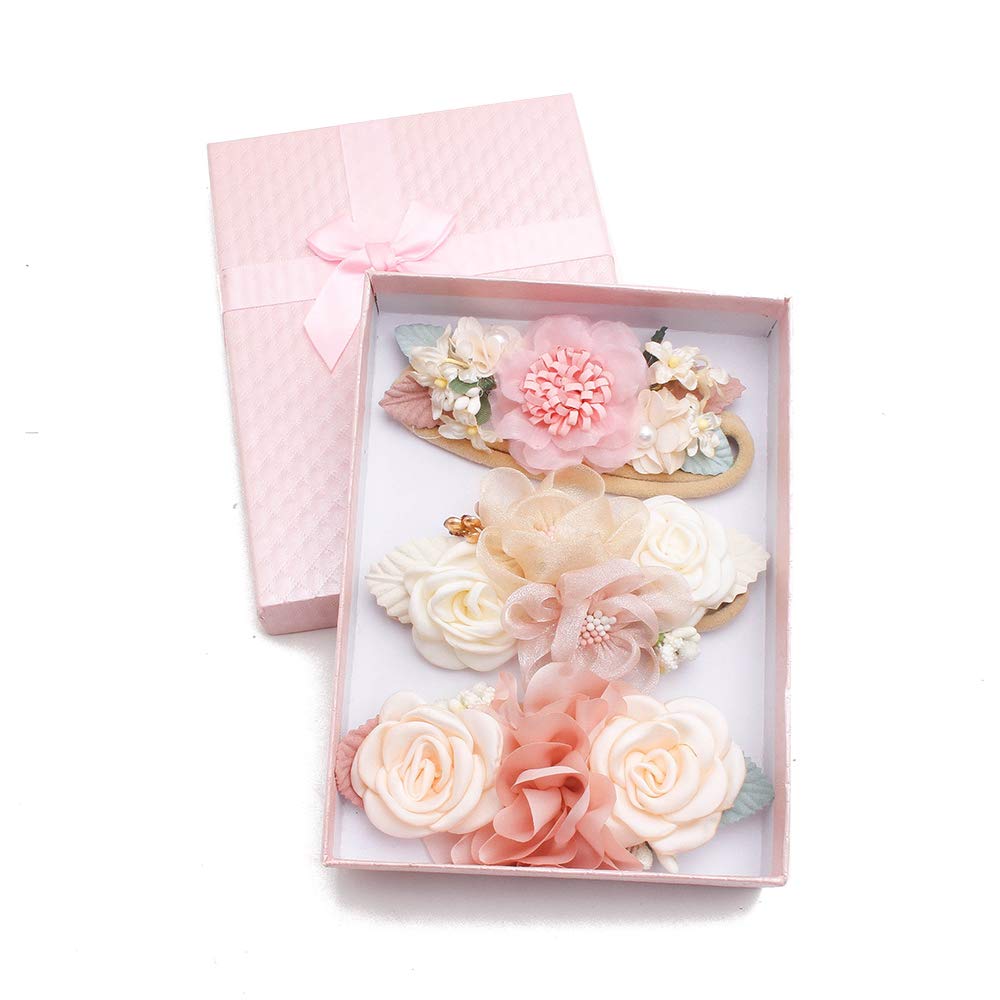 Cherrboll 3-Piece Baby Girl Headbands with Flowers - Ultra Soft & Stretchy Nylon Floral Hairbands for Newborns & Toddlers - Perfect for Photo Shoots, Birthday Parties & Everyday Outfits
