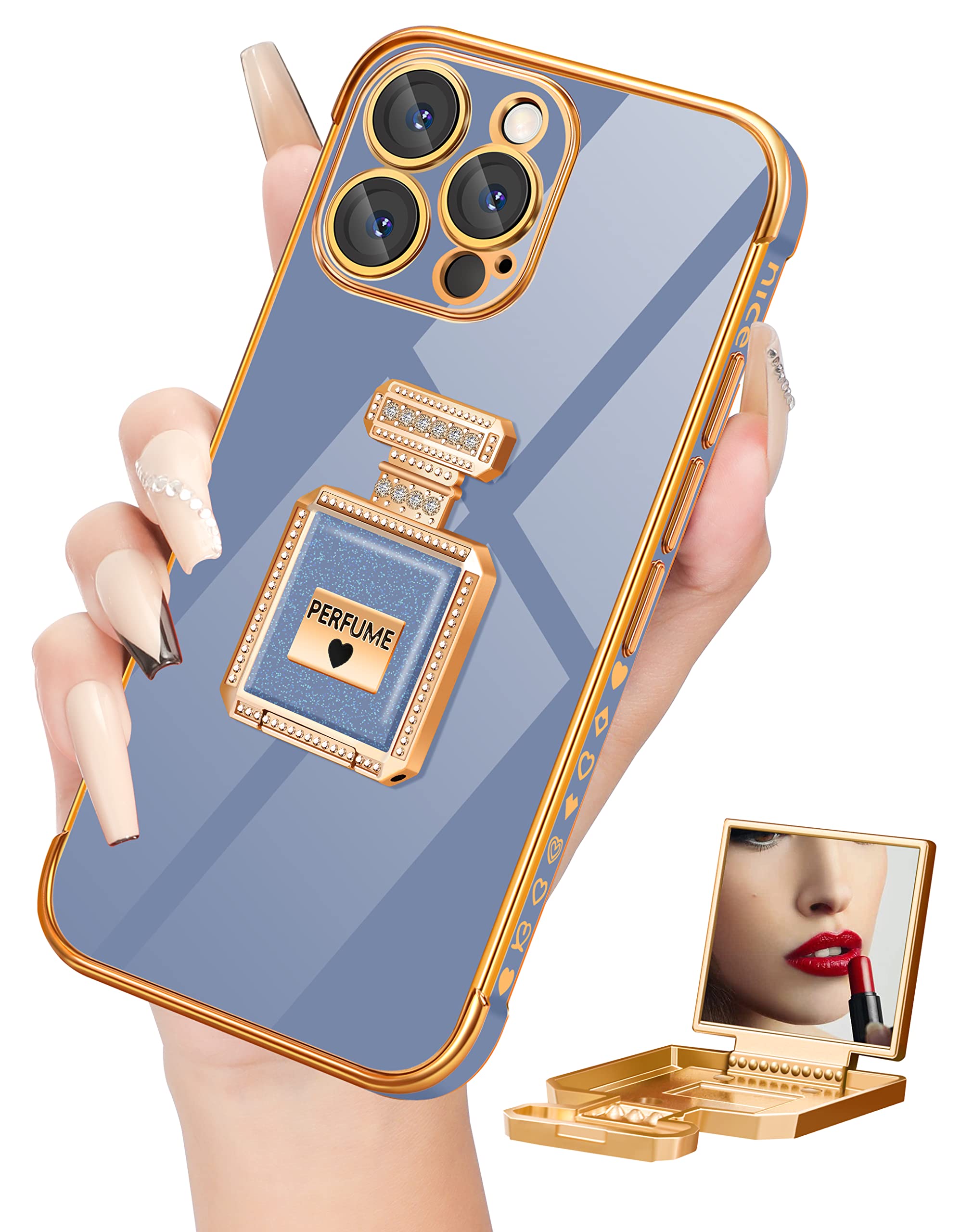 Elegant Luxury iPhone 14 Pro Max Case with Metal Perfume Bottle Mirror Stand - Cute Heart Design Women's Phone Cover for 6.7