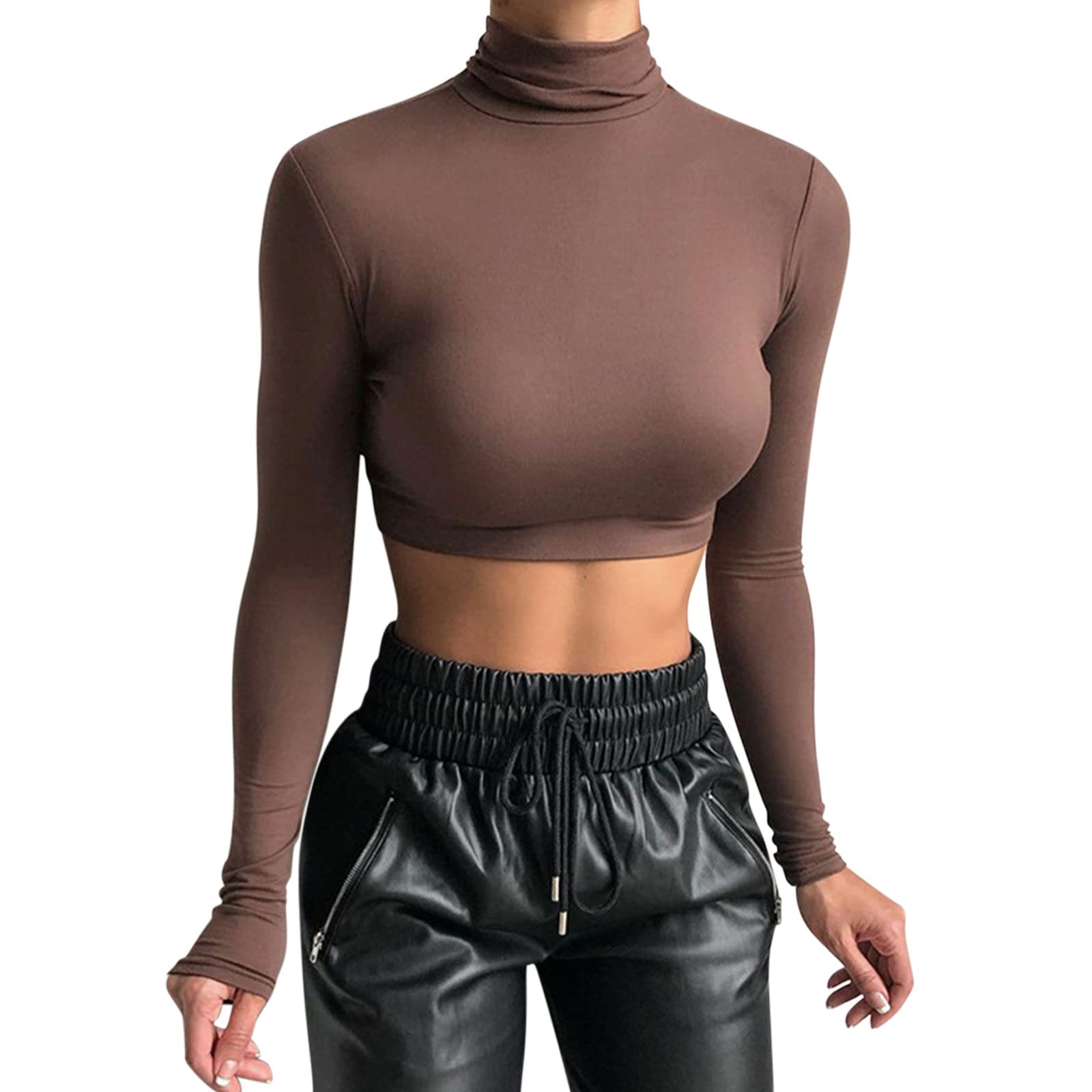 Women's Long Sleeve Crop Top Turtleneck Slim Fit Pullover Blouse - Sexy Basic Cropped Shirt for Casual Wear, Date Night & Layering