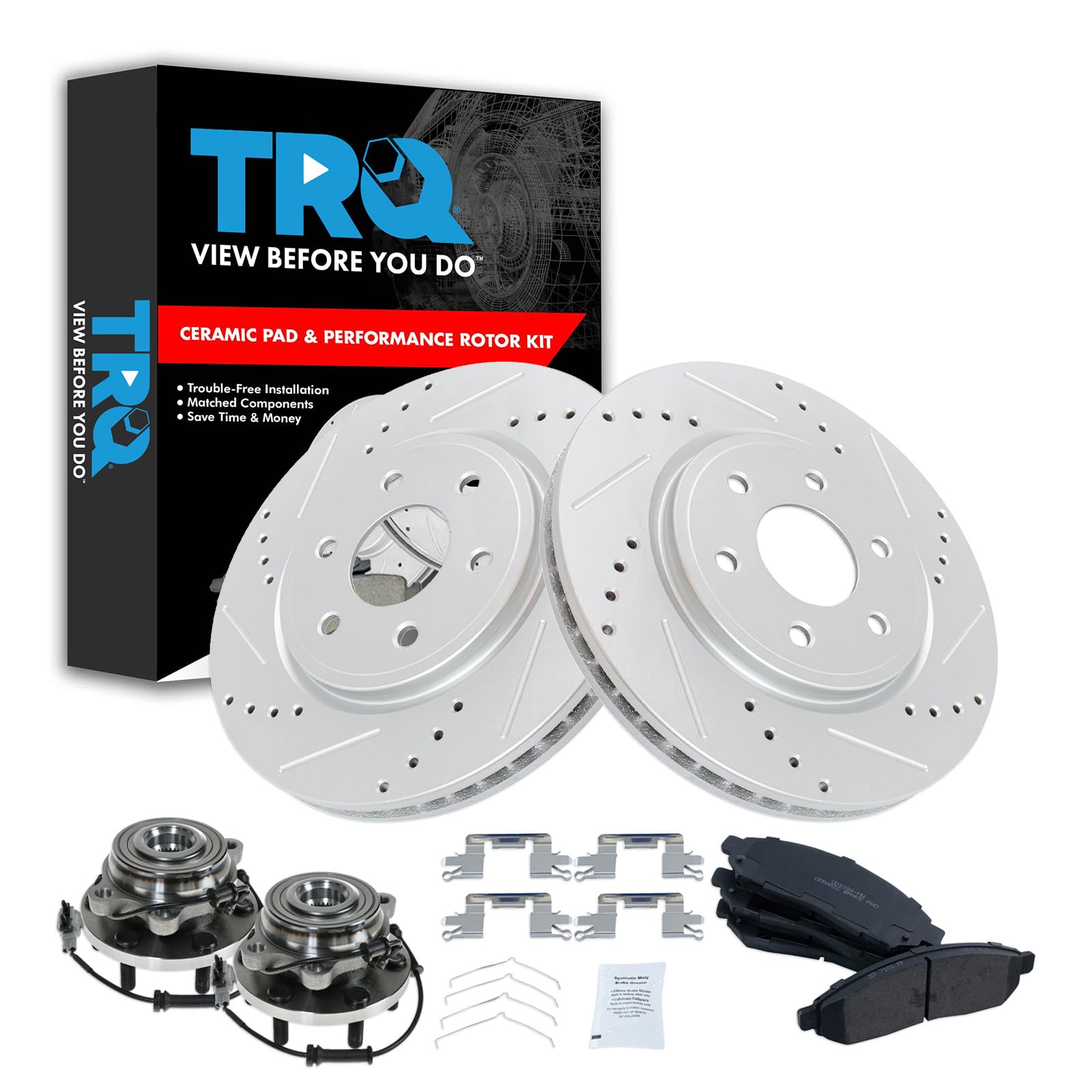 TRQ Front Posi Ceramic Brake Pads & Performance Rotors with Wheel Hub Bearing Kit - High-Performance Braking for Trucks, SUVs, and Off-Road Vehicles