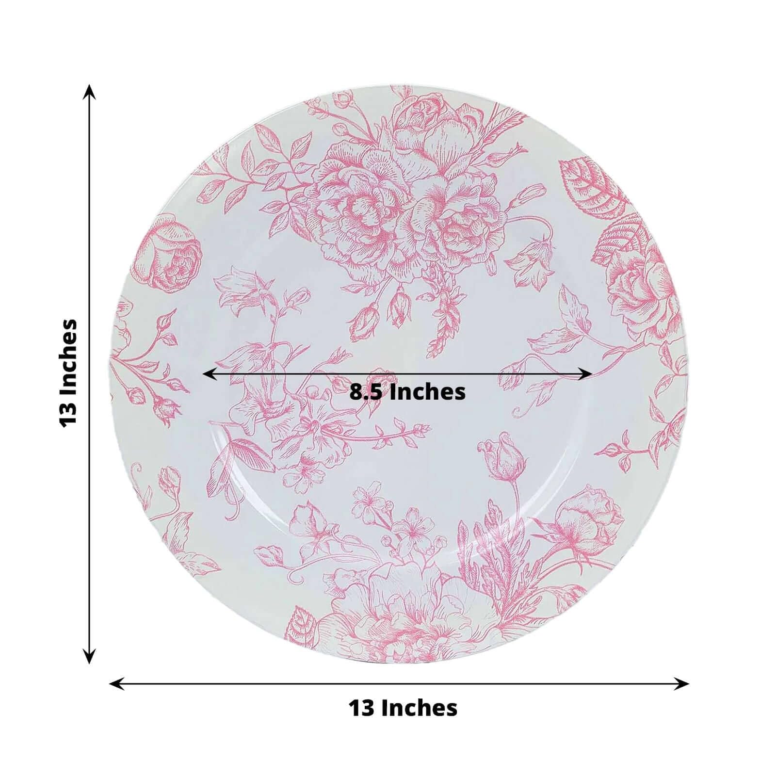 Efavormart 6-Pack White & Pink Floral Acrylic Charger Plates - French Toile Pattern Round Dinner Plates for Weddings, Parties & Events (13 Inch) - Elegant Table Decor for Dining & Special Occasions