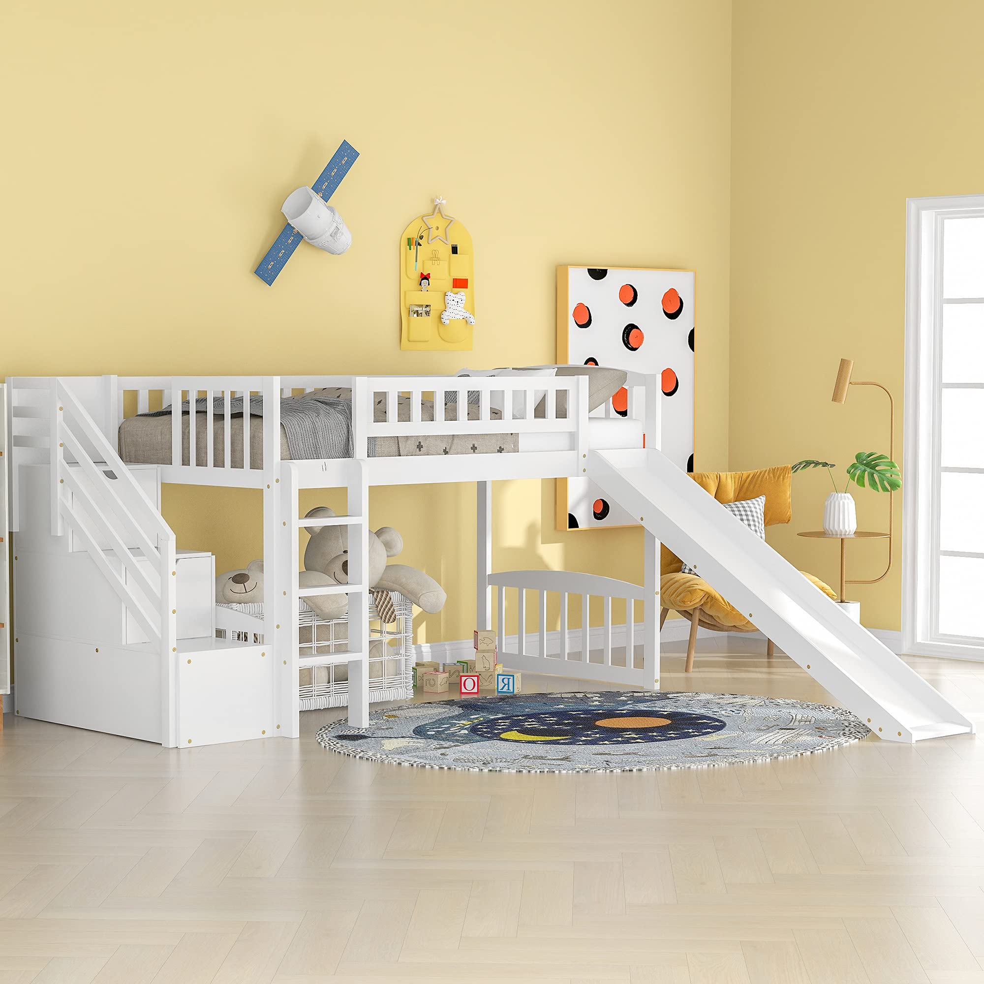**White Twin Loft Bed with Slide & Stairs - Wooden Low Loft Bed Frame with Storage for Kids, Boys & Girls - Perfect for Small Rooms, Playrooms & Kids' Bedrooms**
