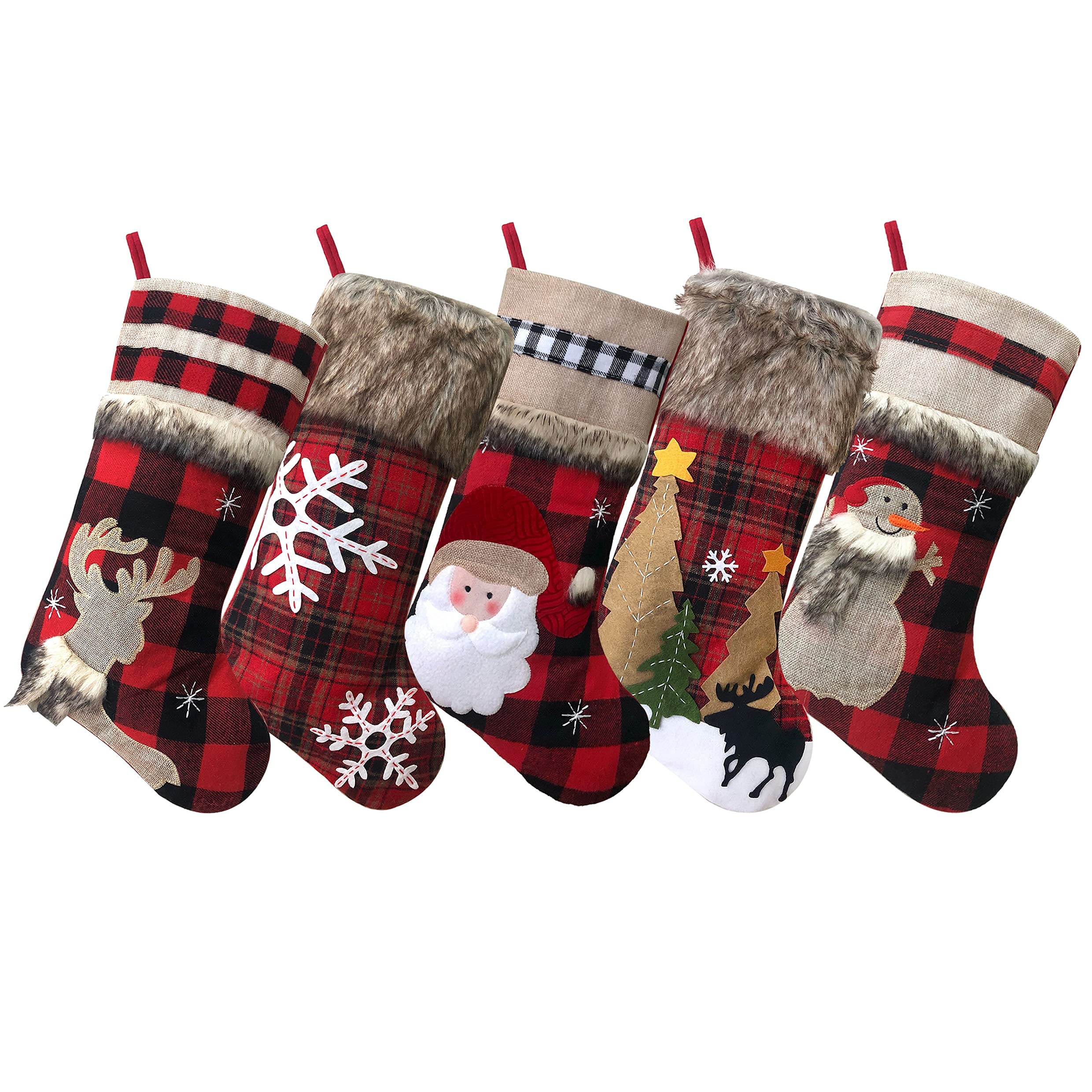 BRvieluck Christmas Stockings Set of 5 - Buffalo Red Plaid with Soft Faux Fur Trim, Large 20 Inch Holiday Stockings for Fireplace Decor, Family Gift Exchange, Xmas Party & Festive Home Decoration (5 Pack) - Perfect for Christmas Morning, Santa Gifts, and Cozy Winter Celebrations