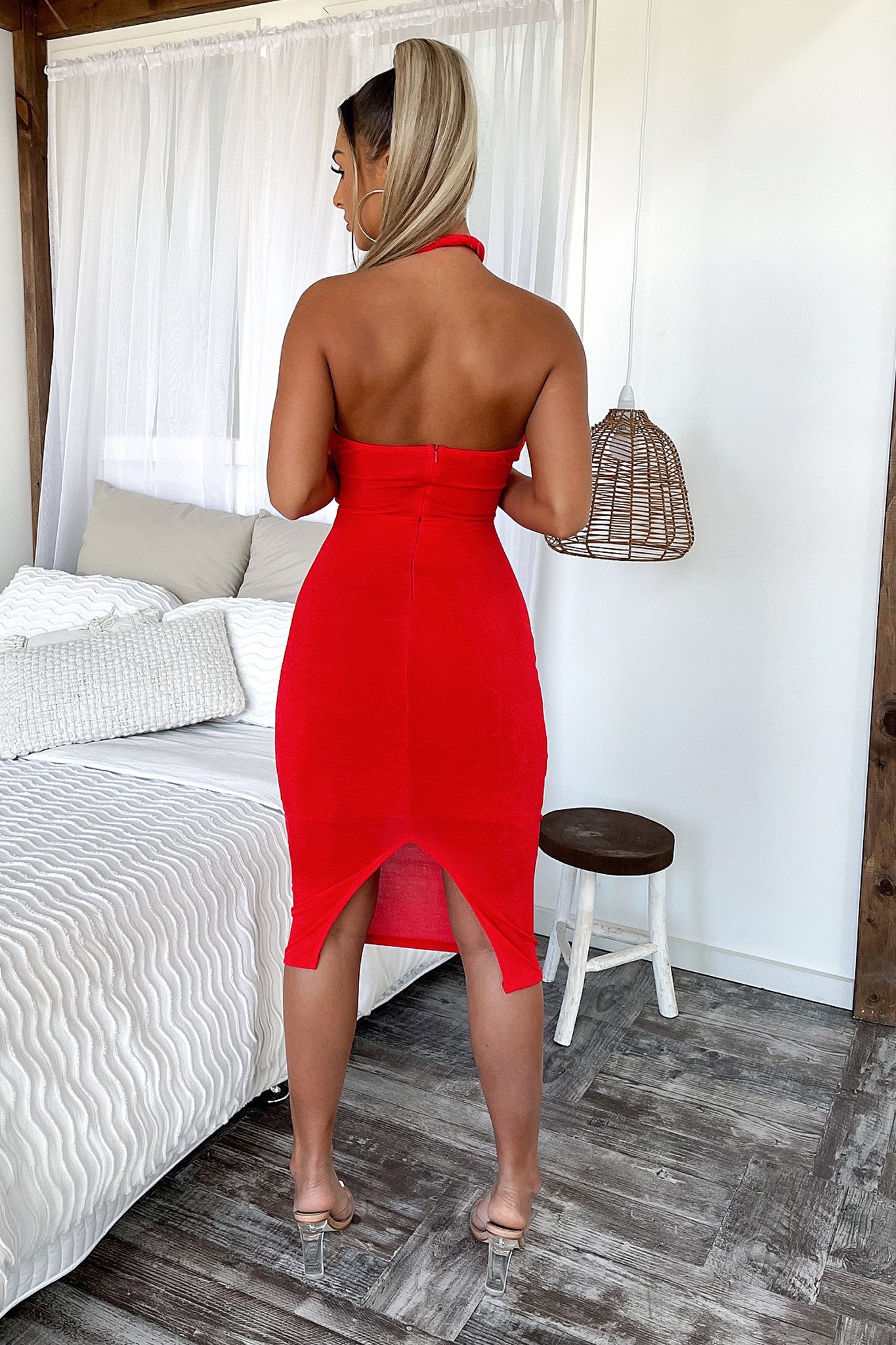 Dustin Midi Dress for Women - Flowy Red Summer Dress with Short Sleeves & Side Slits | Perfect for Beach Vacations, Date Nights & Casual Outings