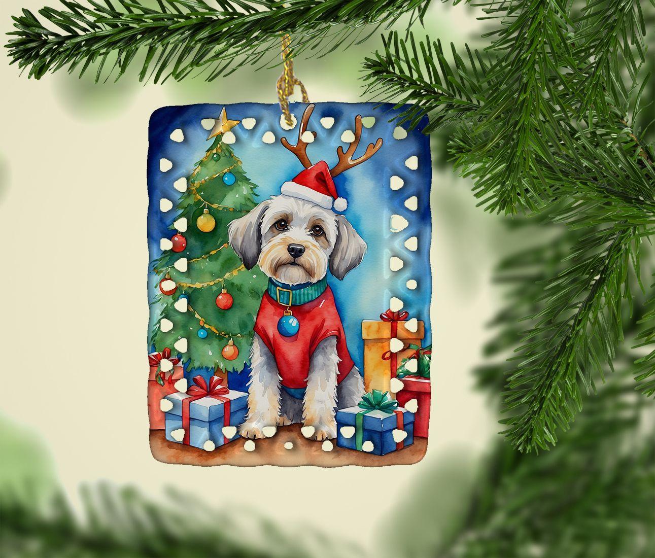 Dandie Dinmont Terrier Christmas Reindeer Porcelain Ornament - Hand-Painted Holiday Tree Decor for Home, Rectangle Shape, Festive Gift Idea - Perfect for Christmas Tree Decorating, Mantel Display & Holiday Party Decorations