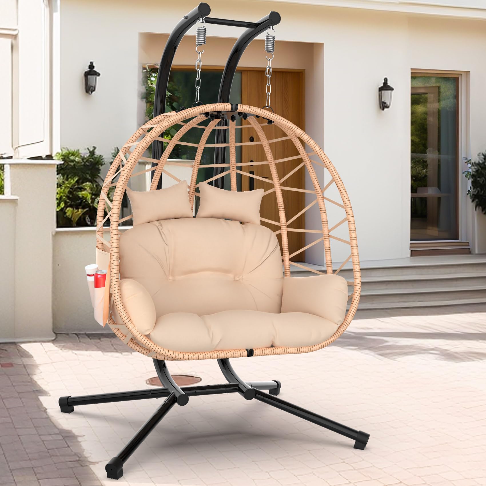 ZENPETIO Double Egg Swing Chair with Stand - 2 Person Rattan Wicker Hanging Chair with UV Resistant Cushion & Pillow - Indoor/Outdoor Patio, Bedroom, Garden Relaxation - Brown