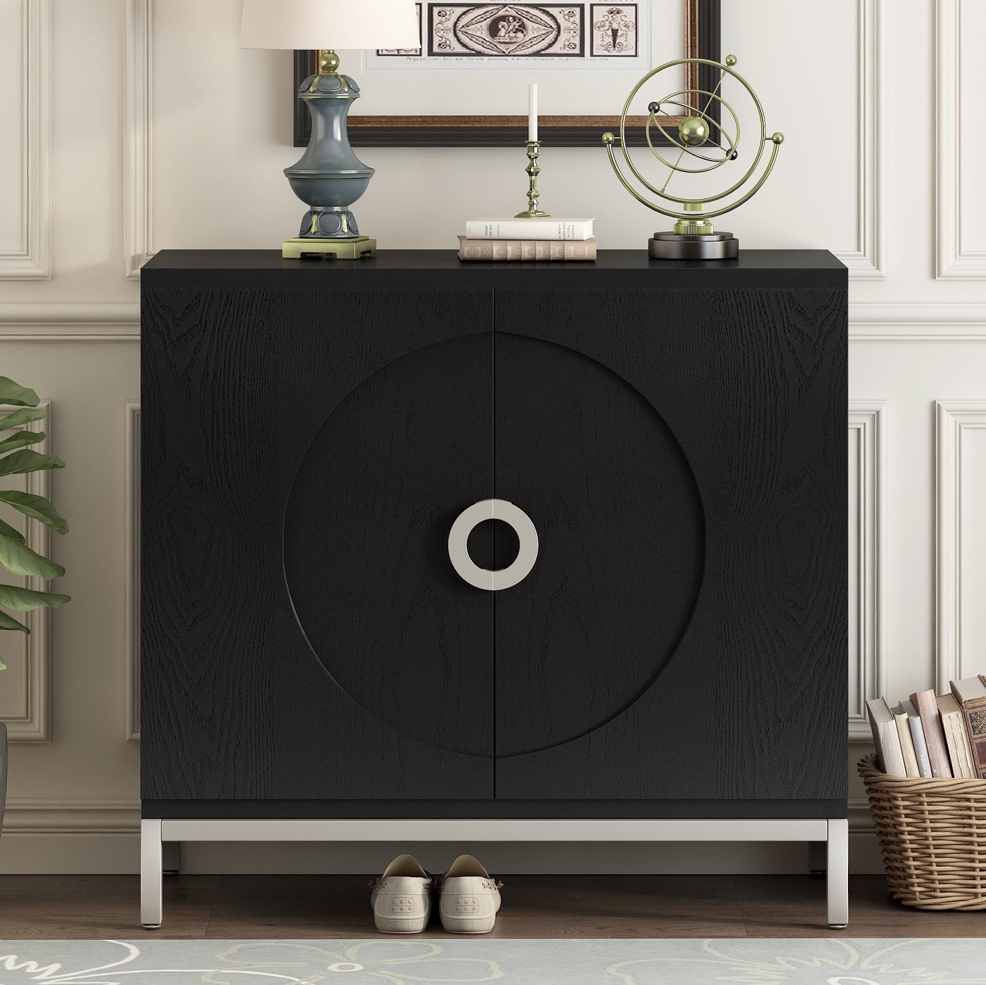 Modern Storage Cabinet & Console Table - Solid Wood Veneer with Metal Leg Frame, Entryway Sideboard for Living Room, Bedroom, Hallway - Black Minimalist Design (Perfect for Small Spaces & Home Organization)