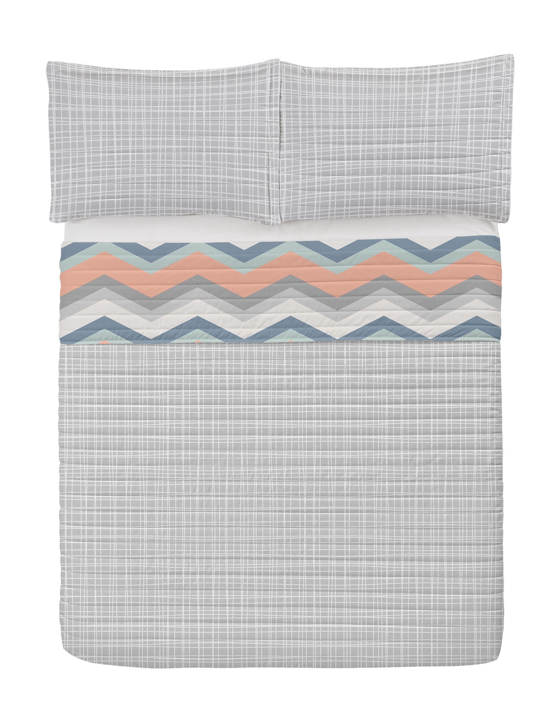 Ambesonne Reversible King Size Bedspread Set - Geometric Chevron Stripes & Zigzag Design, Microfiber Comforter with Pillow Shams in Salmon White | Modern Abstract Bedroom Decor for Master Bedroom or Guest Room