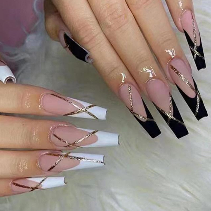 24Pcs Long Coffin False Nails with Glue - Wearable Brown Press on Nails with Rhinestones, Full Cover Ballet Nail Tips for Women, Perfect for Parties, Weddings & Special Occasions