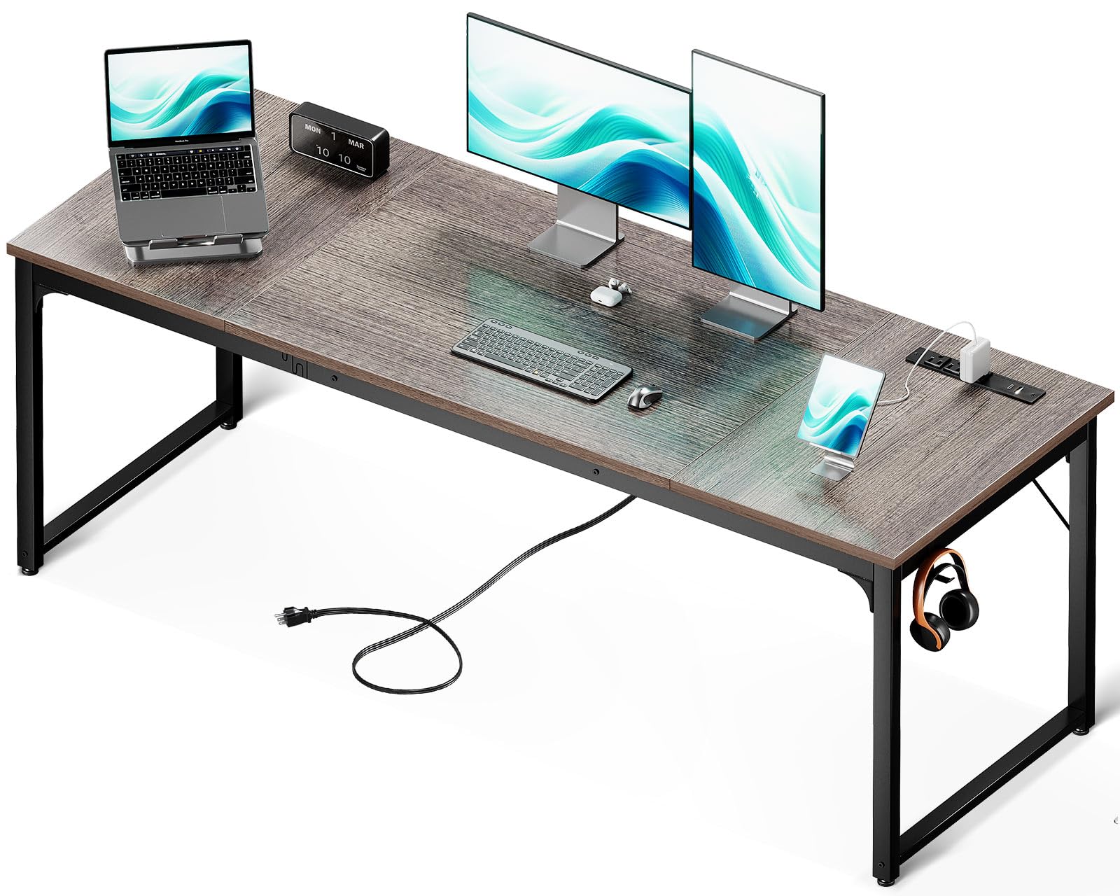 Coleshome 71 Inch Large Computer Desk with USB Ports - Sturdy Office Desk & Study Writing Table in Grey Oak - Perfect for Home Office, Gaming Setup & Student Workspace