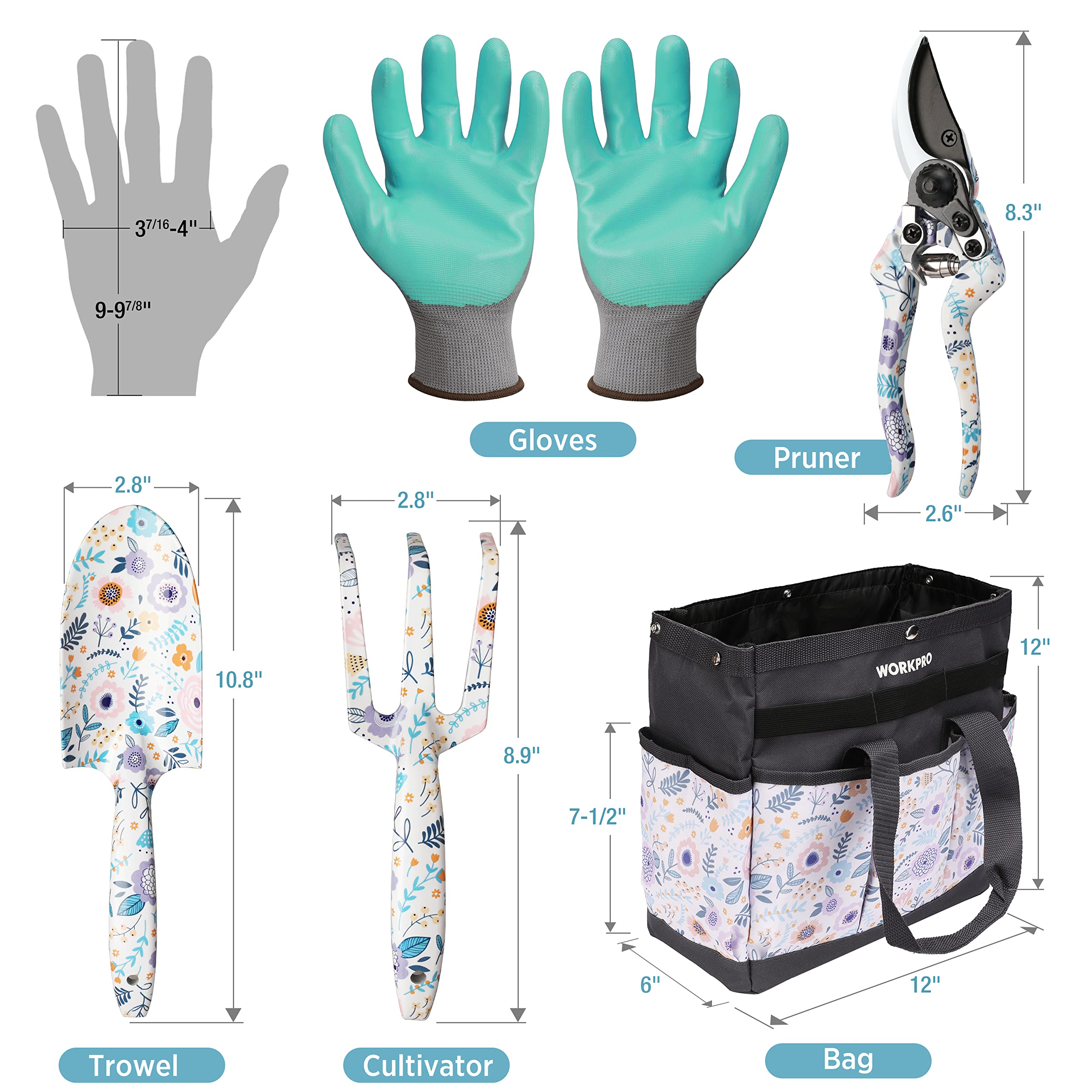 WORKPRO 5-Piece Heavy Duty Aluminum Garden Tool Set with Storage Bag - Durable Outdoor Gardening Hand Tools for Weeding, Planting & Landscaping - Perfect Garden Gifts for Men & Women