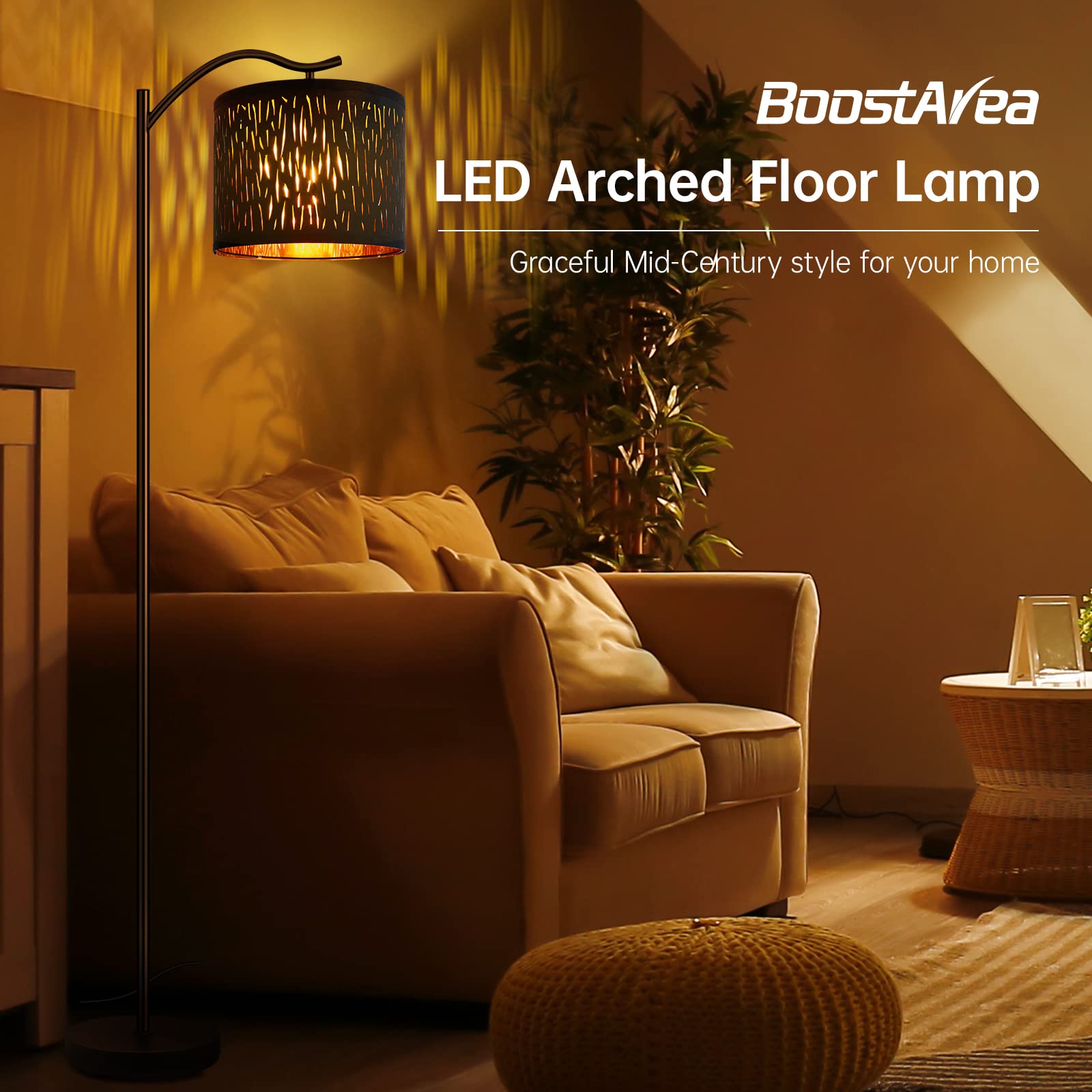 BoostArea 8W LED Arched Floor Lamp with Linen Shade - Mid Century Modern Tree Texture Standing Light for Living Room, Bedroom & Office - Perfect for Reading Nook, Cozy Corner and Workspace Lighting