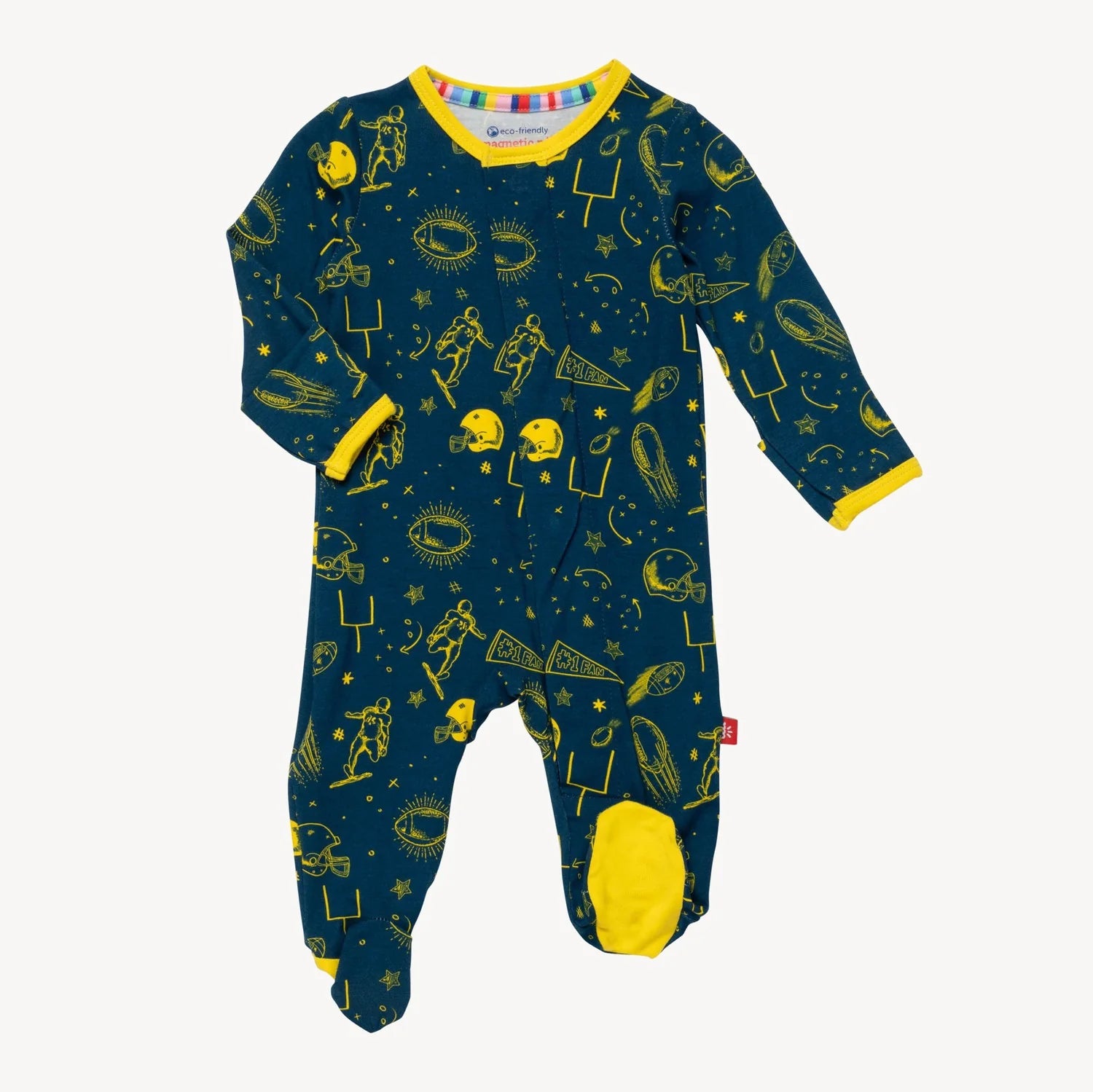 Magnetic Me Blue Game Day Magnetic Footie - Baby Boys' Magnetic Closure Onesie for Easy Diaper Changes, Soft & Comfortable Sleepwear - Perfect for Newborns, Infants & Toddlers at Home, Daycare or Travel