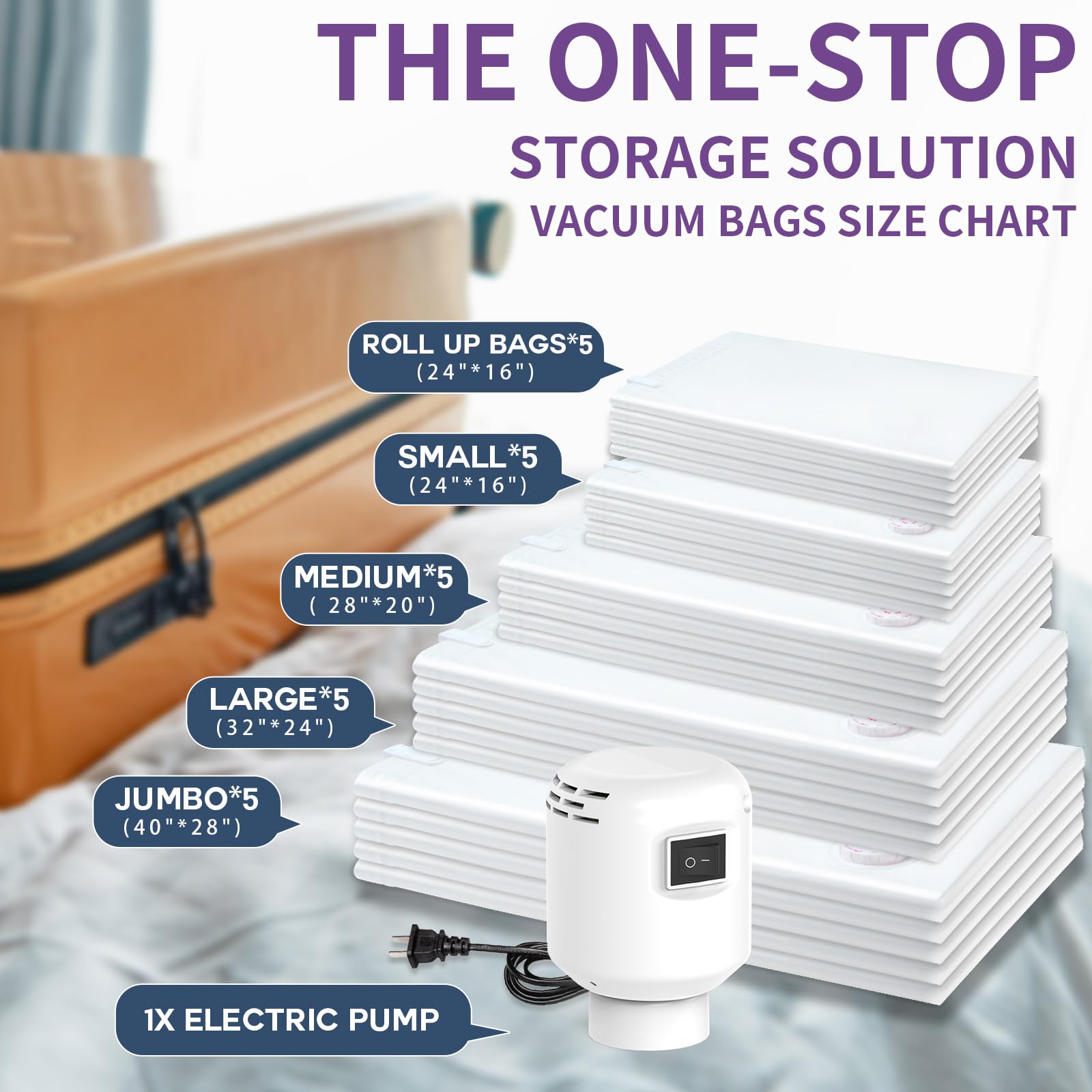 25 Pack Vacuum Storage Bags with Electric Air Pump - 5 Jumbo/5 Large/5 Medium/5 Small/5 Roll Up Bags | Space Saving Vacuum Seal Bags for Clothes, Travel, Luggage, Blankets, Bedding & Moving | Perfect for Home Organization, Seasonal Storage & Travel Packing