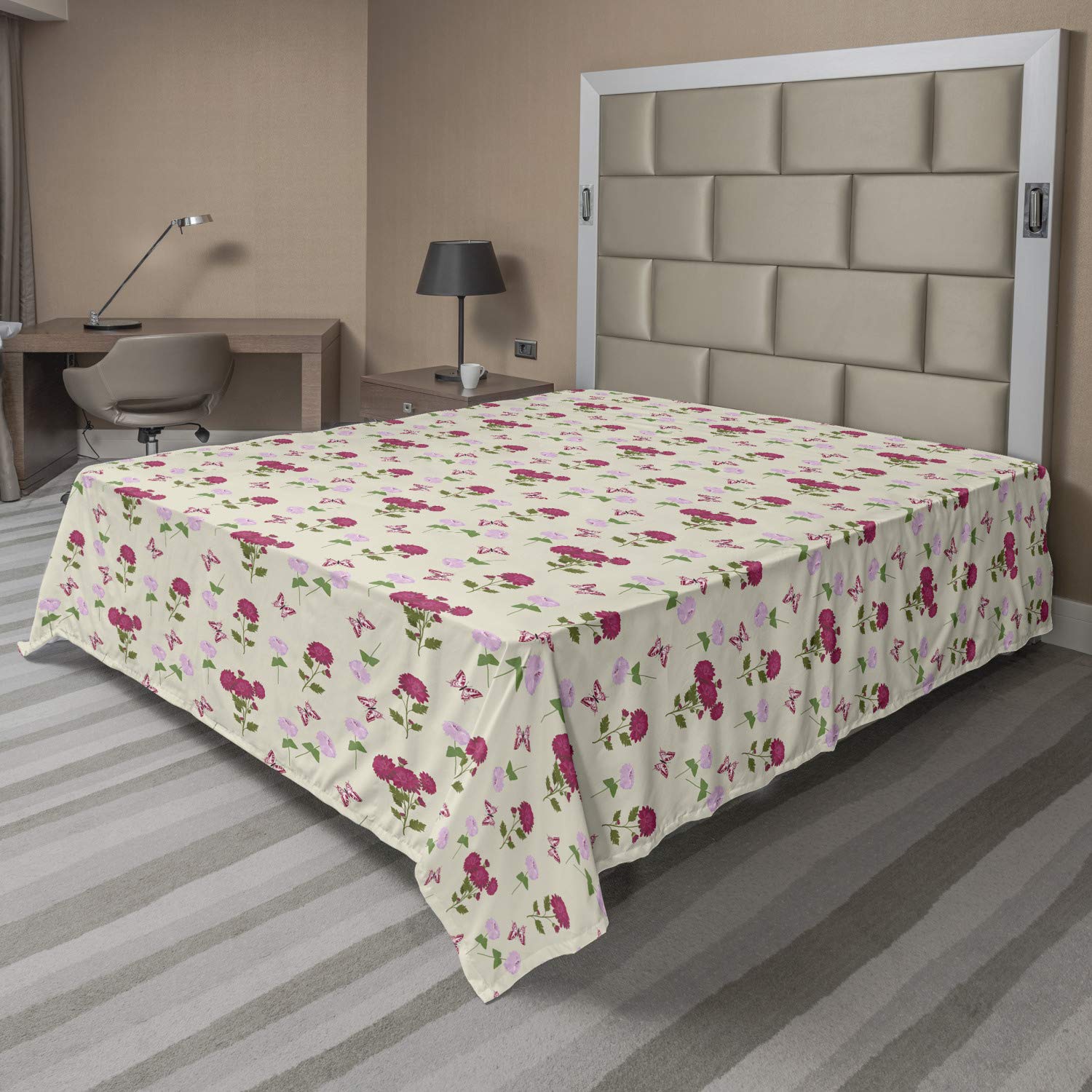 Ambesonne Floral King Size Flat Sheet - Soft Pastel Spring Flowers Design, Grey Yellow Multicolor Bedding for Comfortable Sleep | Perfect for Master Bedroom, Guest Room & Vacation Homes