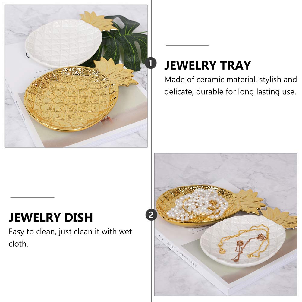 PRETYZOOM Ceramic Jewelry Display Dish with Gold Trim - Pineapple Shaped Ring Holder, Mini Jewelry Organizer Plate for Travel, White Ceramic Tray for Rings, Earrings & Small Accessories - Perfect for Vanity, Bathroom Counter, Dresser Top & Gift Giving
